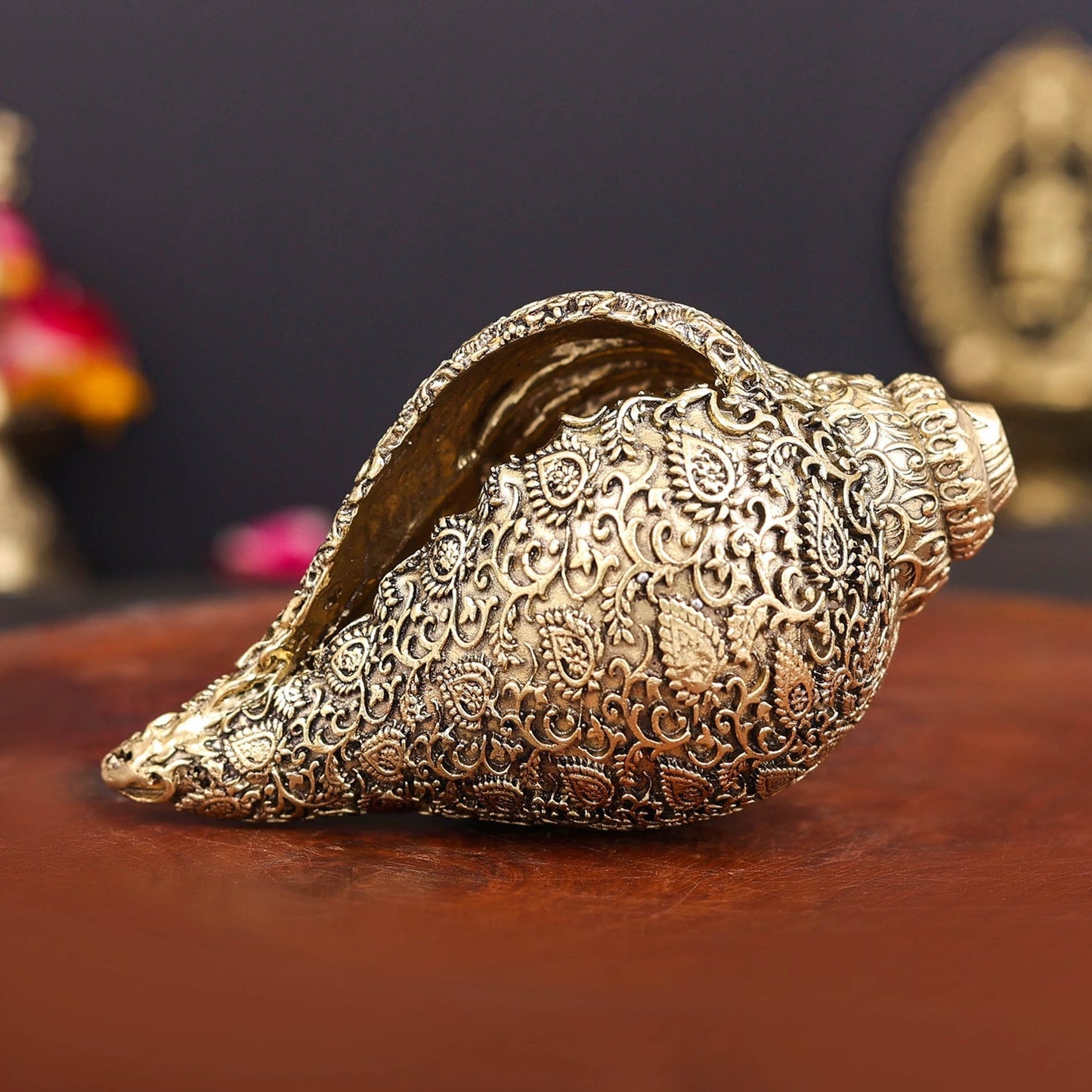 Brass Superfine Sculpture Shankh Cooch Vishnu Lakshmi Engraved Showpiece 4 Inch