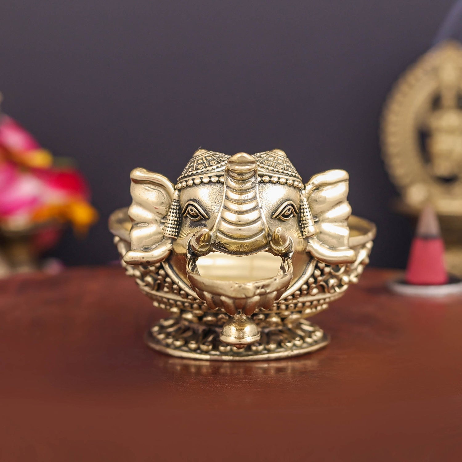 Brass Superfine Elephant Face Design Diya Oil Lamp 4 Inch - Image 4