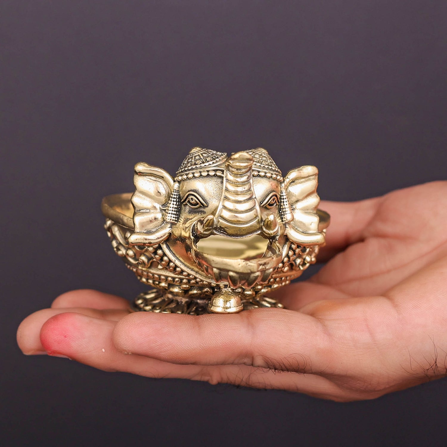 Brass Superfine Elephant Face Design Diya Oil Lamp 4 Inch - Image 3
