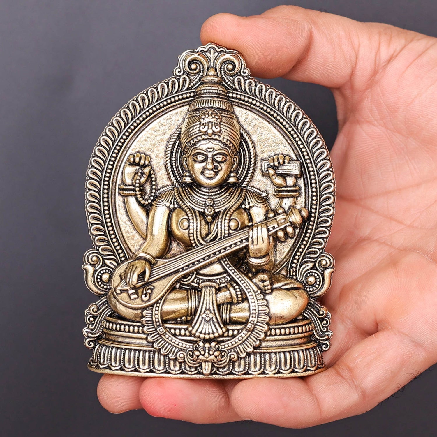 Brass Superfine Goddess Saraswati Idol 4 Inch - Image 3