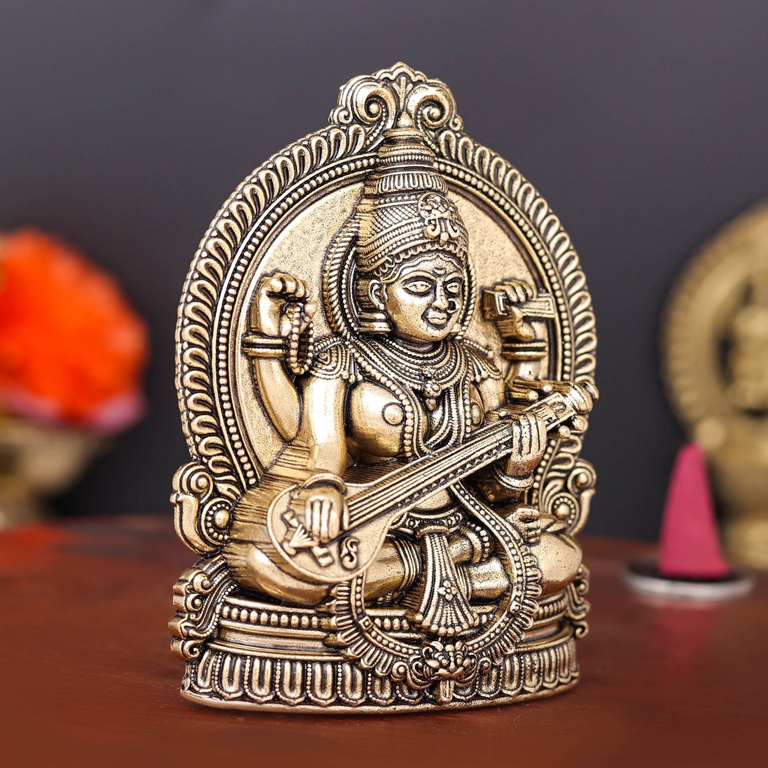 Brass Superfine Goddess Saraswati Idol 4 Inch - Image 4