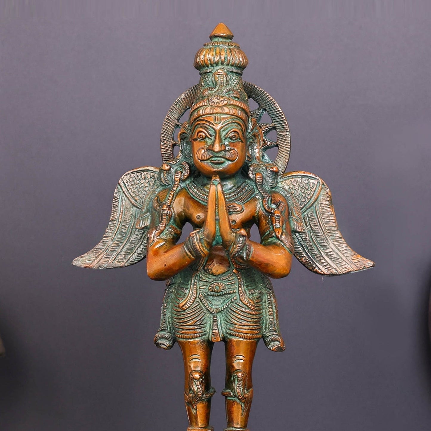 Brass Standing Garuda Idol Vishnu Vahana Orange Patina Finish 12 Inch