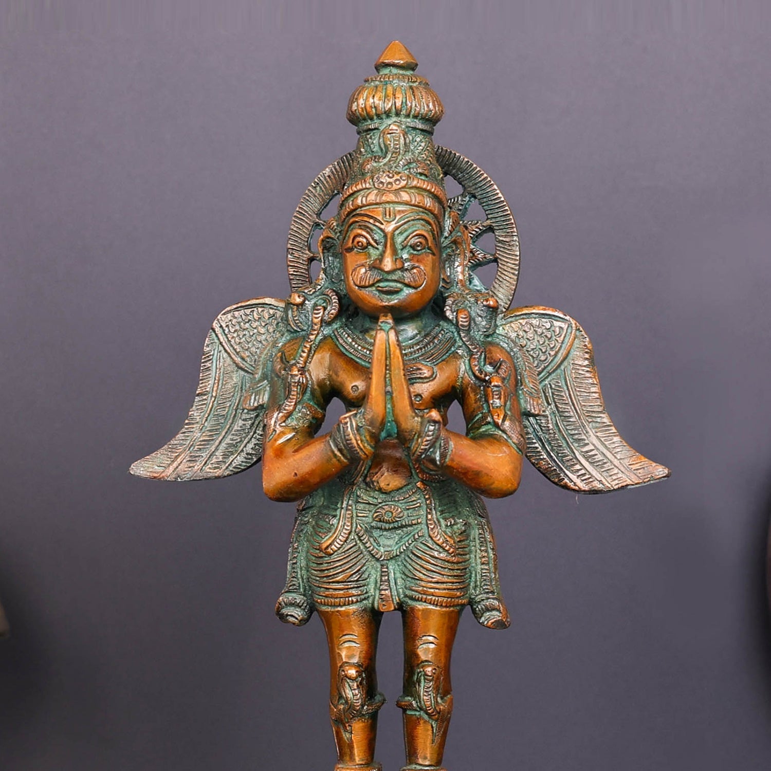 Brass Standing Garuda Idol Vishnu Vahana Orange Patina Finish 12 Inch - Image 2