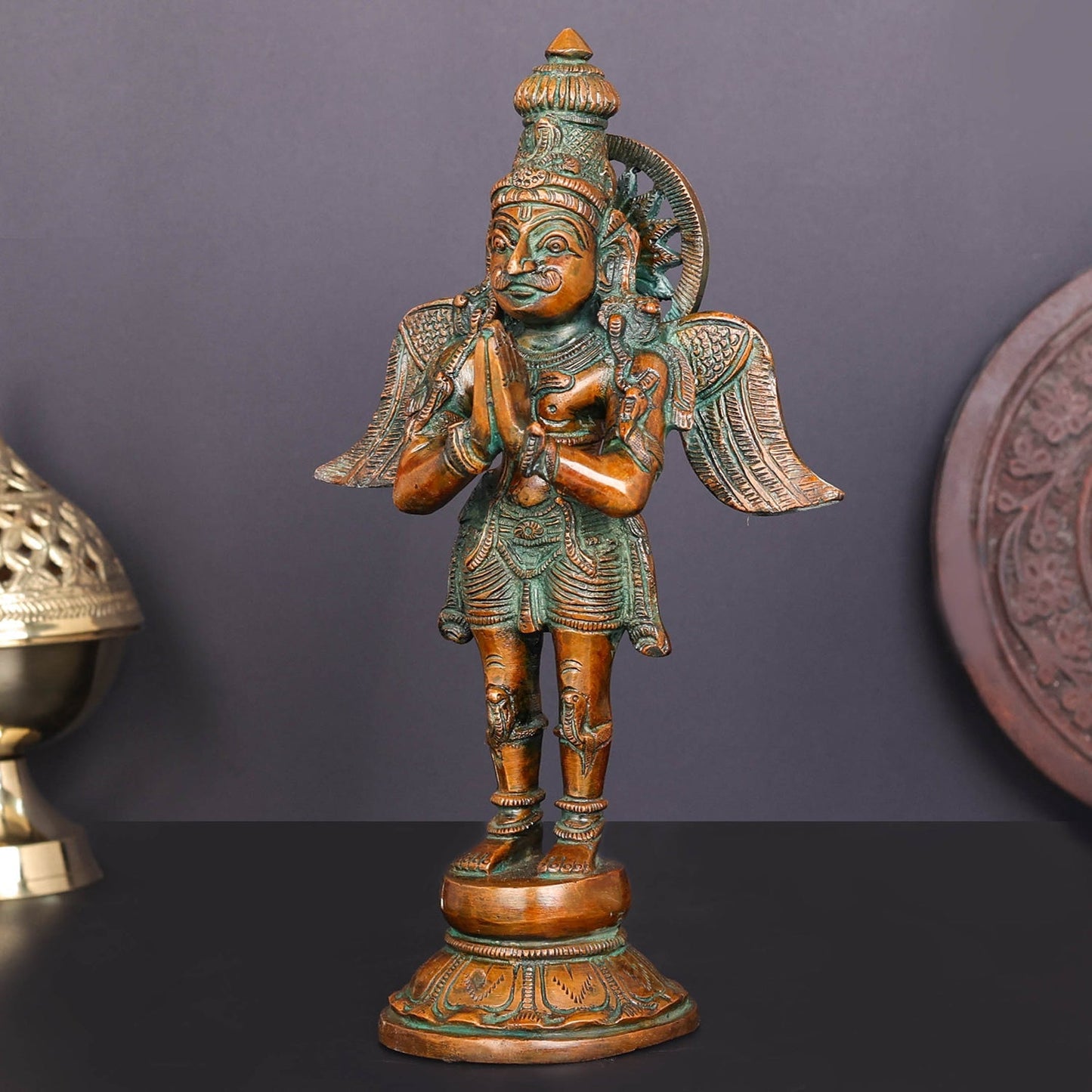 Brass Standing Garuda Idol Vishnu Vahana Orange Patina Finish 12 Inch