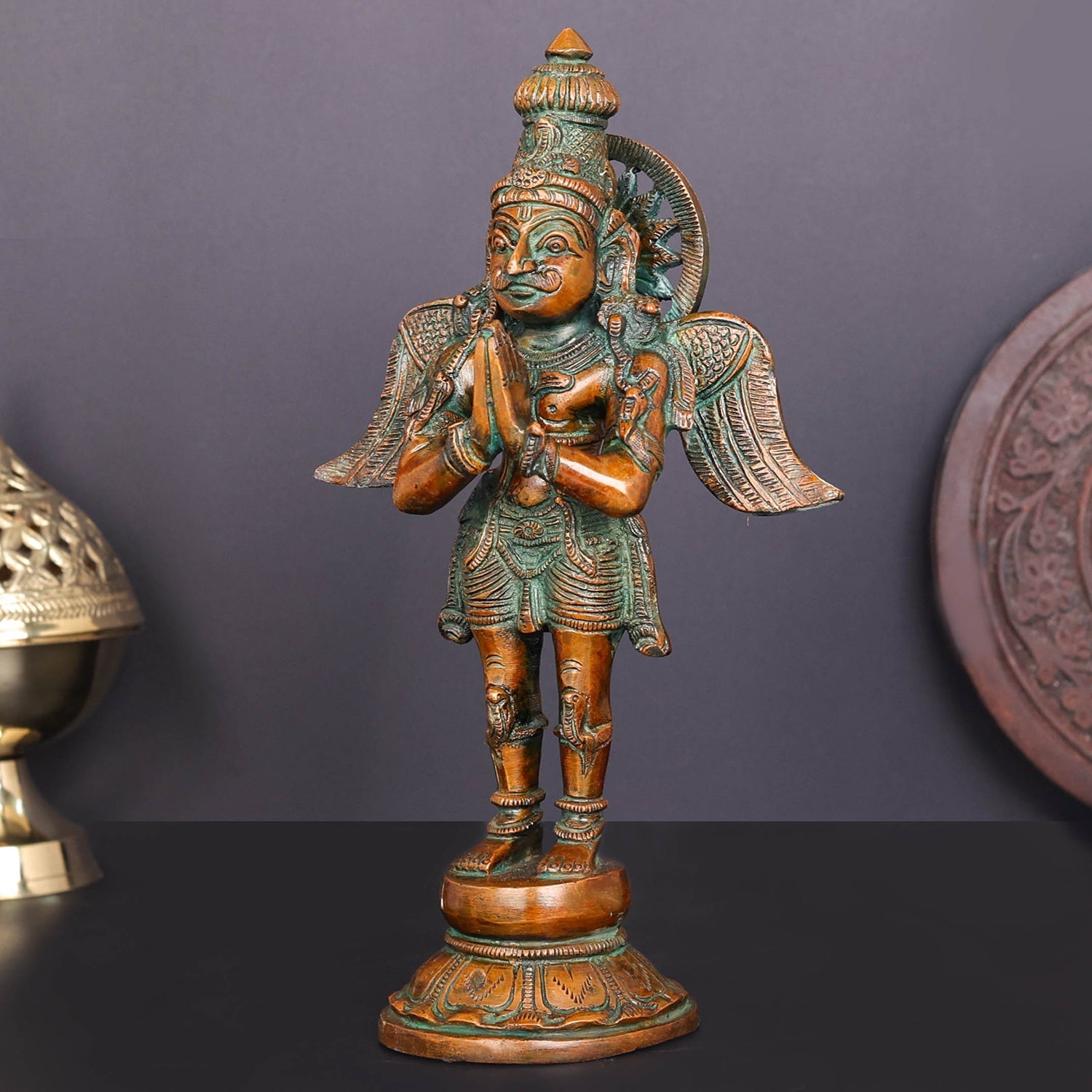 Brass Standing Garuda Idol Vishnu Vahana Orange Patina Finish 12 Inch - Image 4