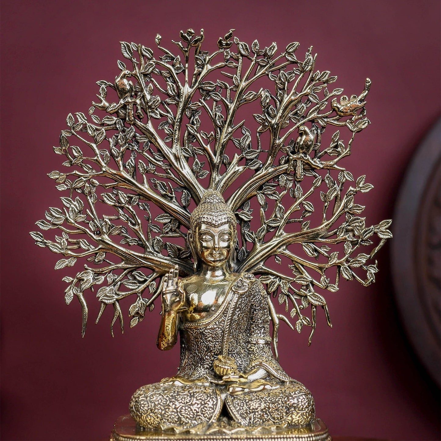Brass Superfine Buddha Statue With Bodhi Tree 6.2 Inch