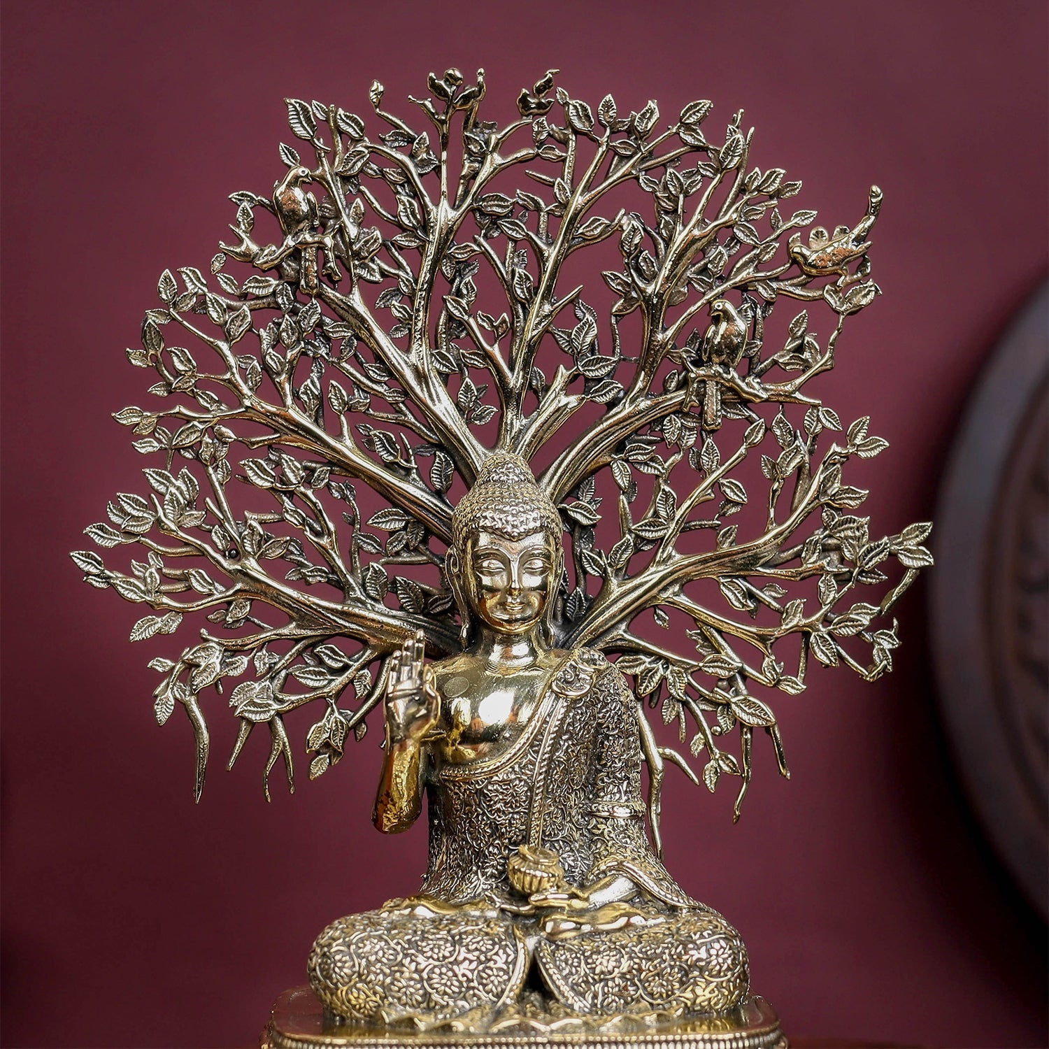 Brass Superfine Buddha Statue With Bodhi Tree 6.2 Inch - Image 2