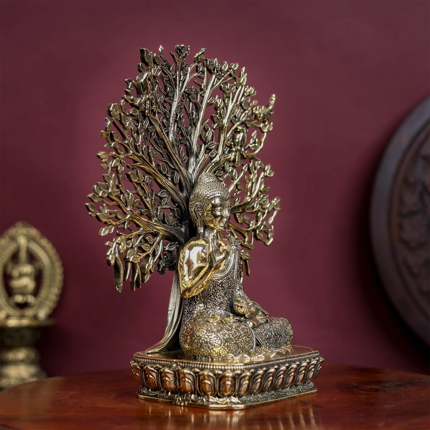Brass Superfine Buddha Statue With Bodhi Tree 6.2 Inch - Image 4