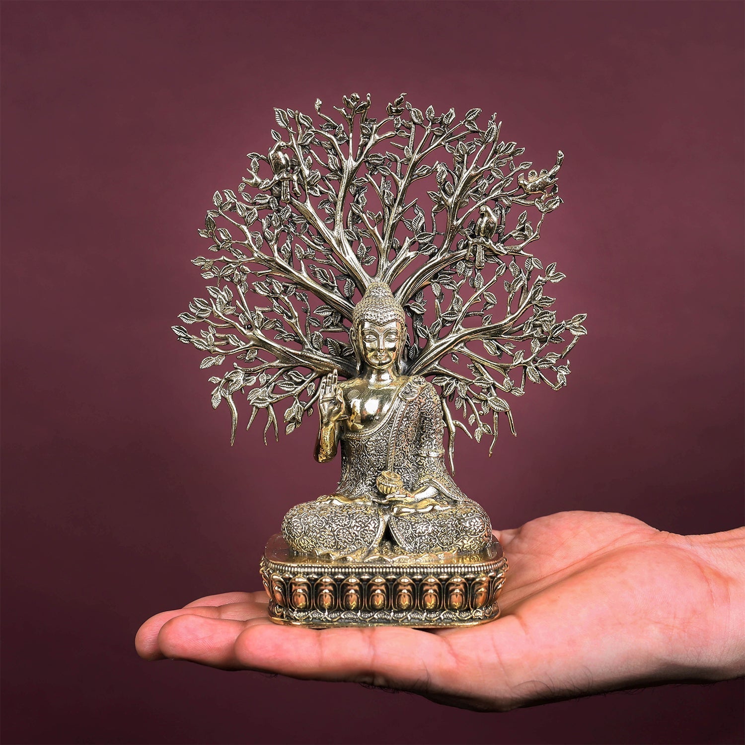 Brass Superfine Buddha Statue With Bodhi Tree 6.2 Inch - Image 3