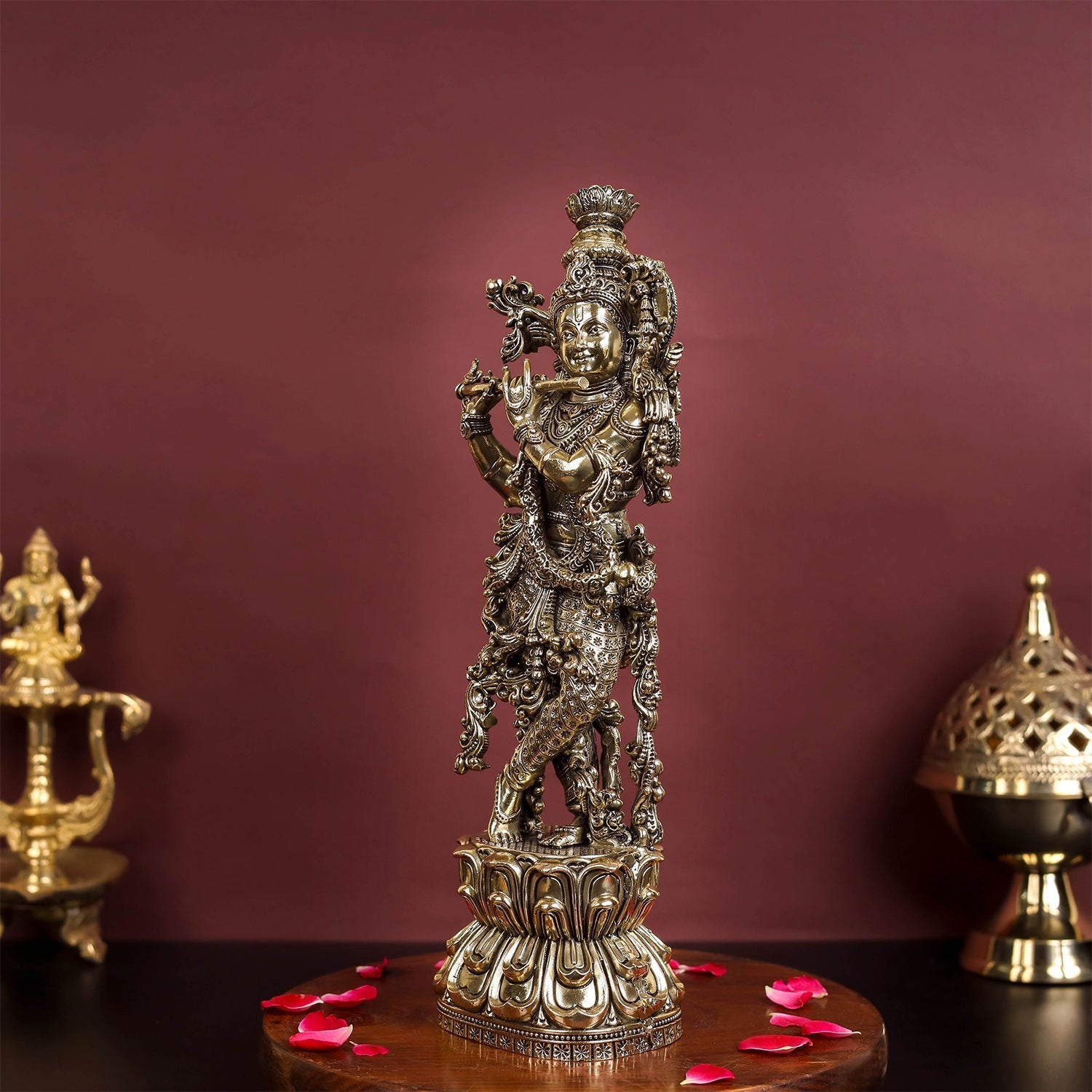 Brass Antique Lord Krishna Idol 11" - Image 5