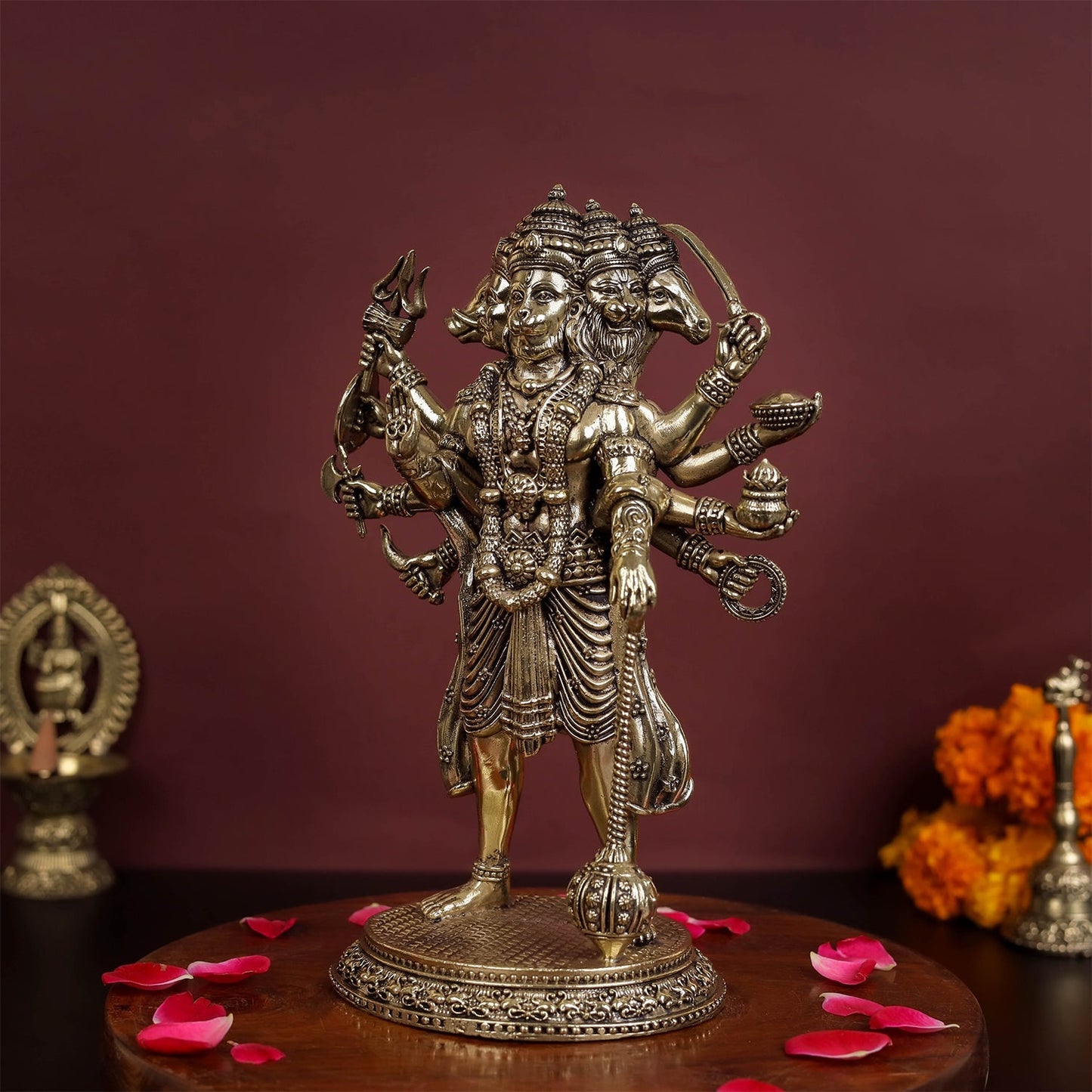 Brass Superfine Standing Panchmukhi Hanuman Idol 8 Inch