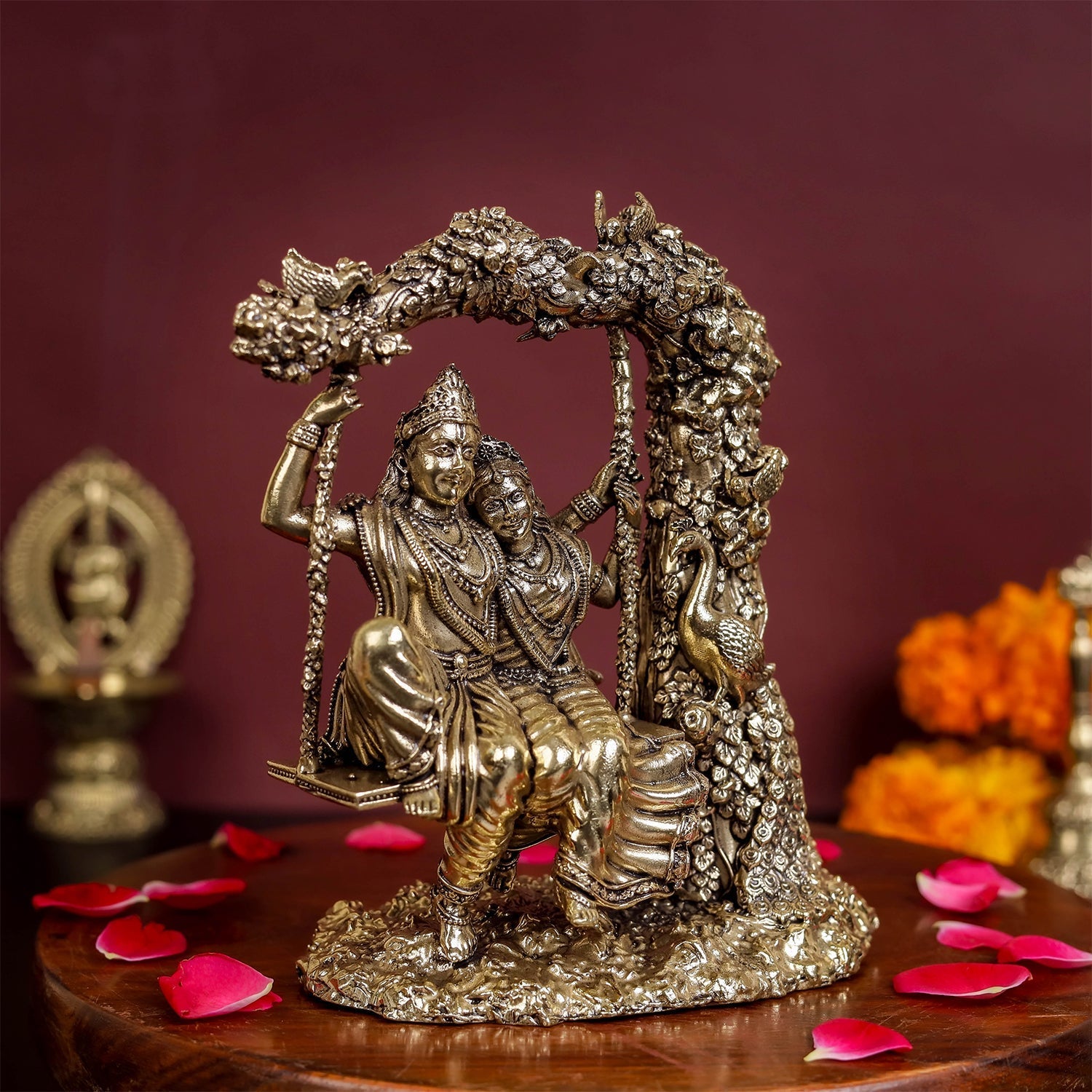 Brass Superfine Radha Krishna Idols On Swing For Home Decor 6 Inch - Image 4
