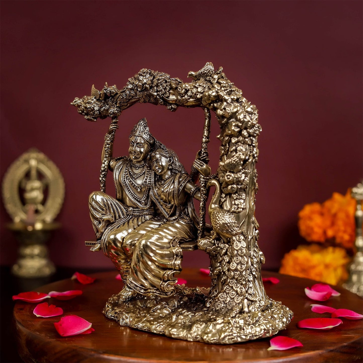 Brass Superfine Radha Krishna Idols On Swing For Home Decor 6 Inch