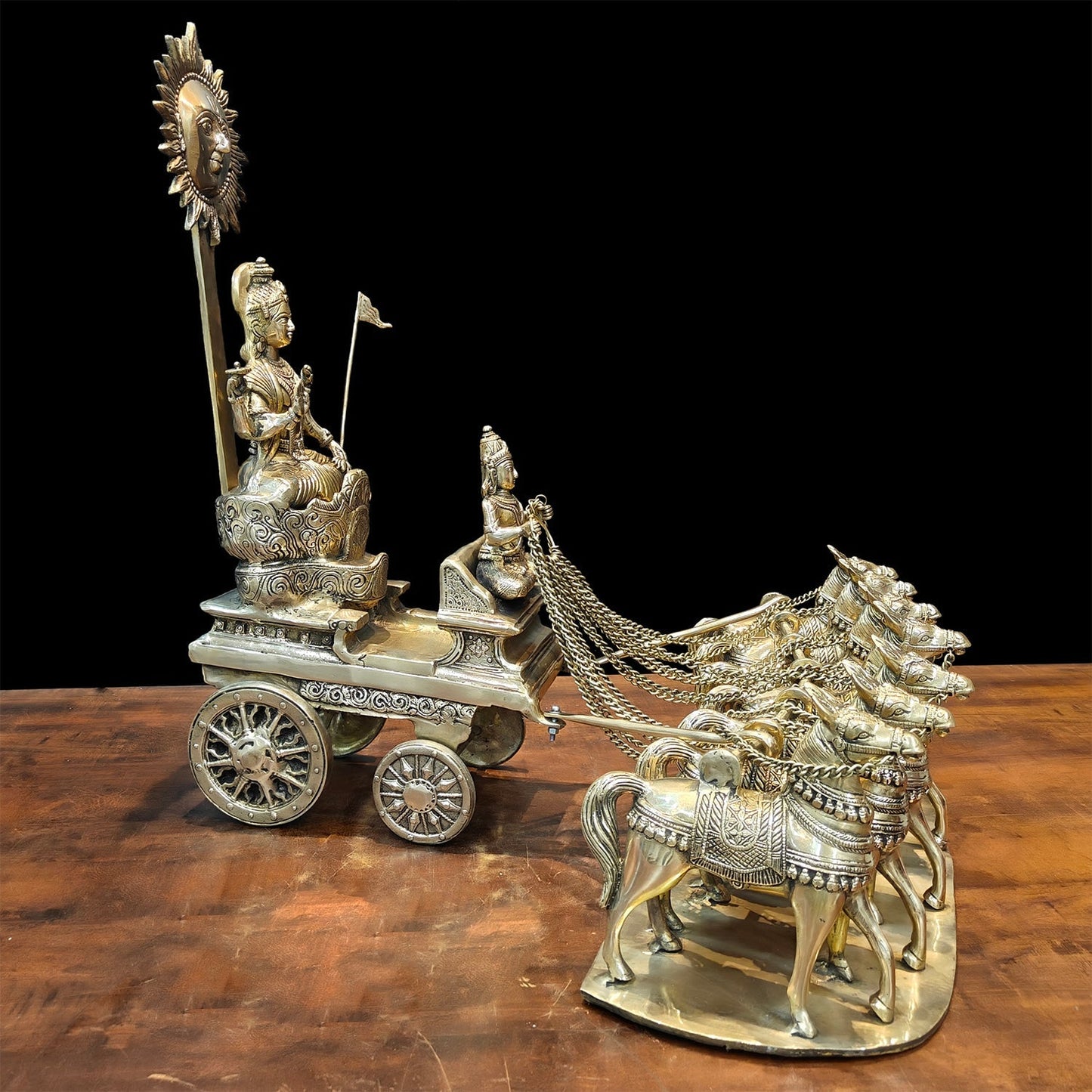 Brass Big Surya Rath With Seven Horses Golden Finish 27 Inches