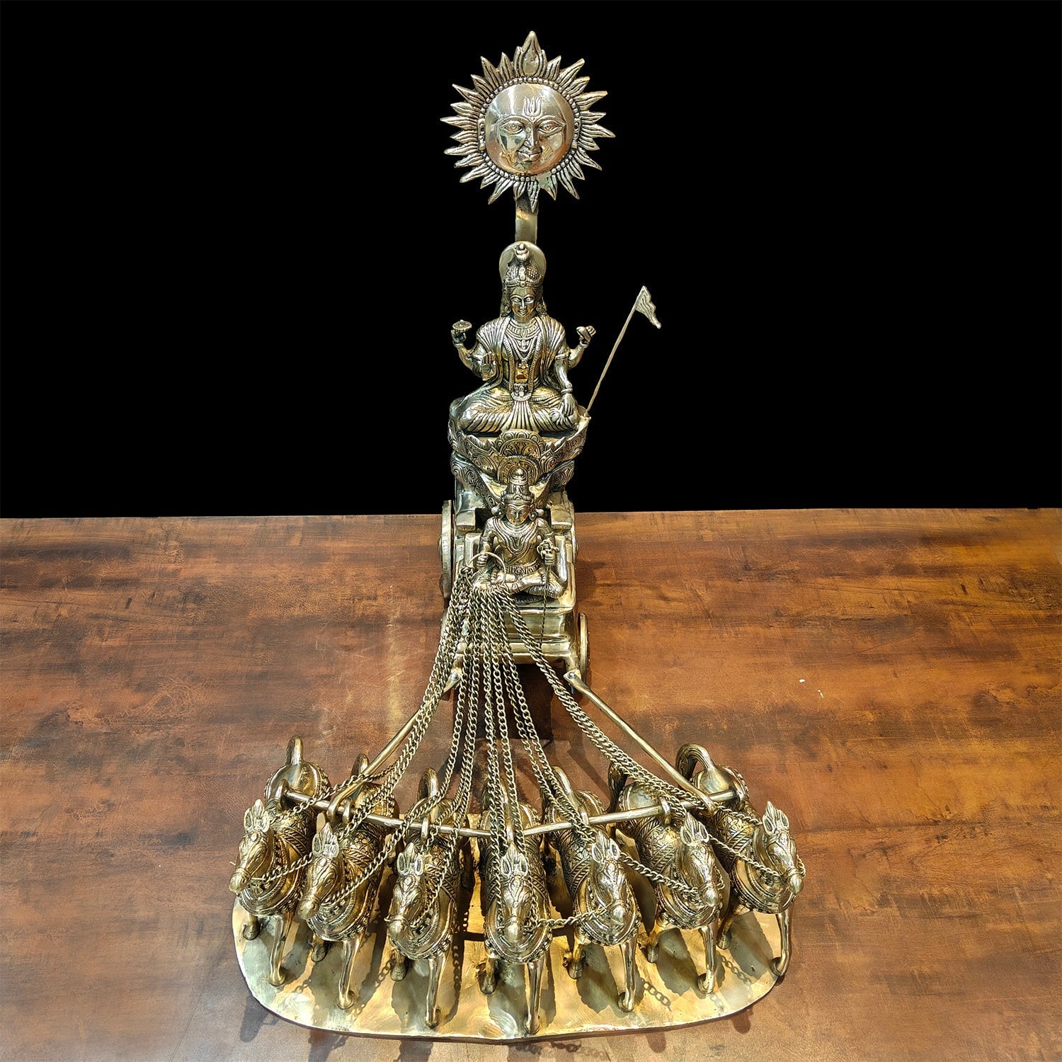 Brass Big Surya Rath With Seven Horses Golden Finish 27 Inches - Image 8