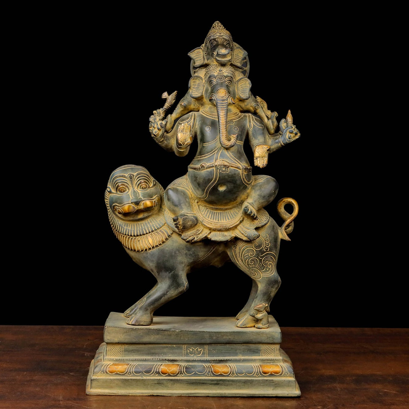 Brass Heramba Ganesha Seated on Lion Green Patina Finish 22 Inch - Eco-friendly - Sama Homes