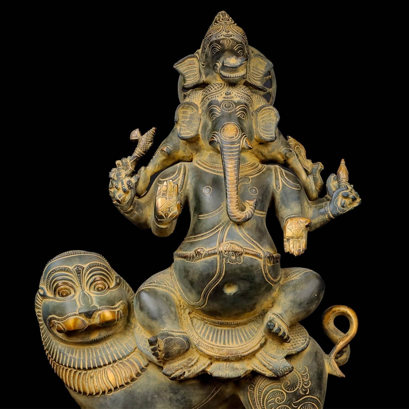 Brass Heramba Ganesha Seated on Lion Green Patina Finish 22 Inch