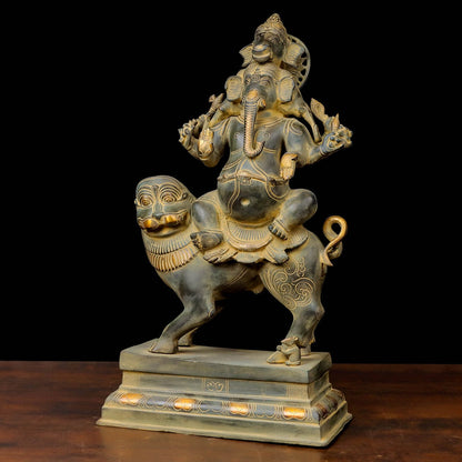 Brass Heramba Ganesha Seated on Lion Green Patina Finish 22 Inch by vendor-unknown - Hindu Gods (View 4)