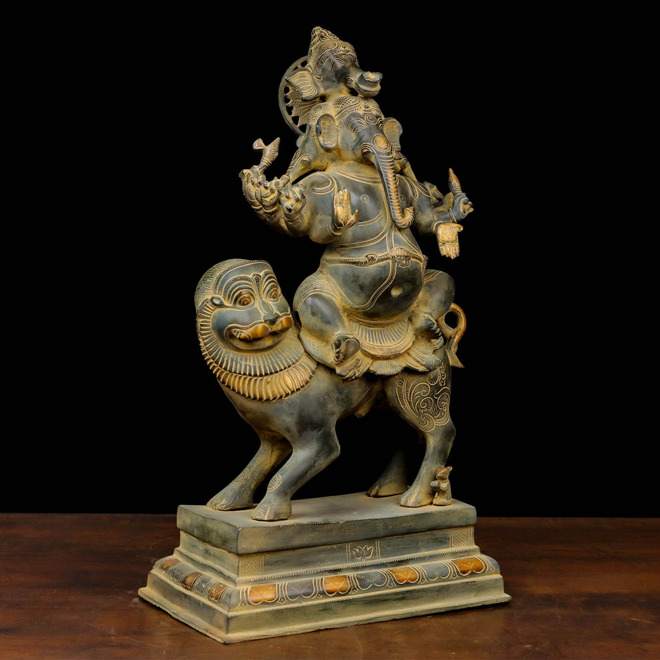Brass Heramba Ganesha Seated on Lion Green Patina Finish 22 Inch - Image 3