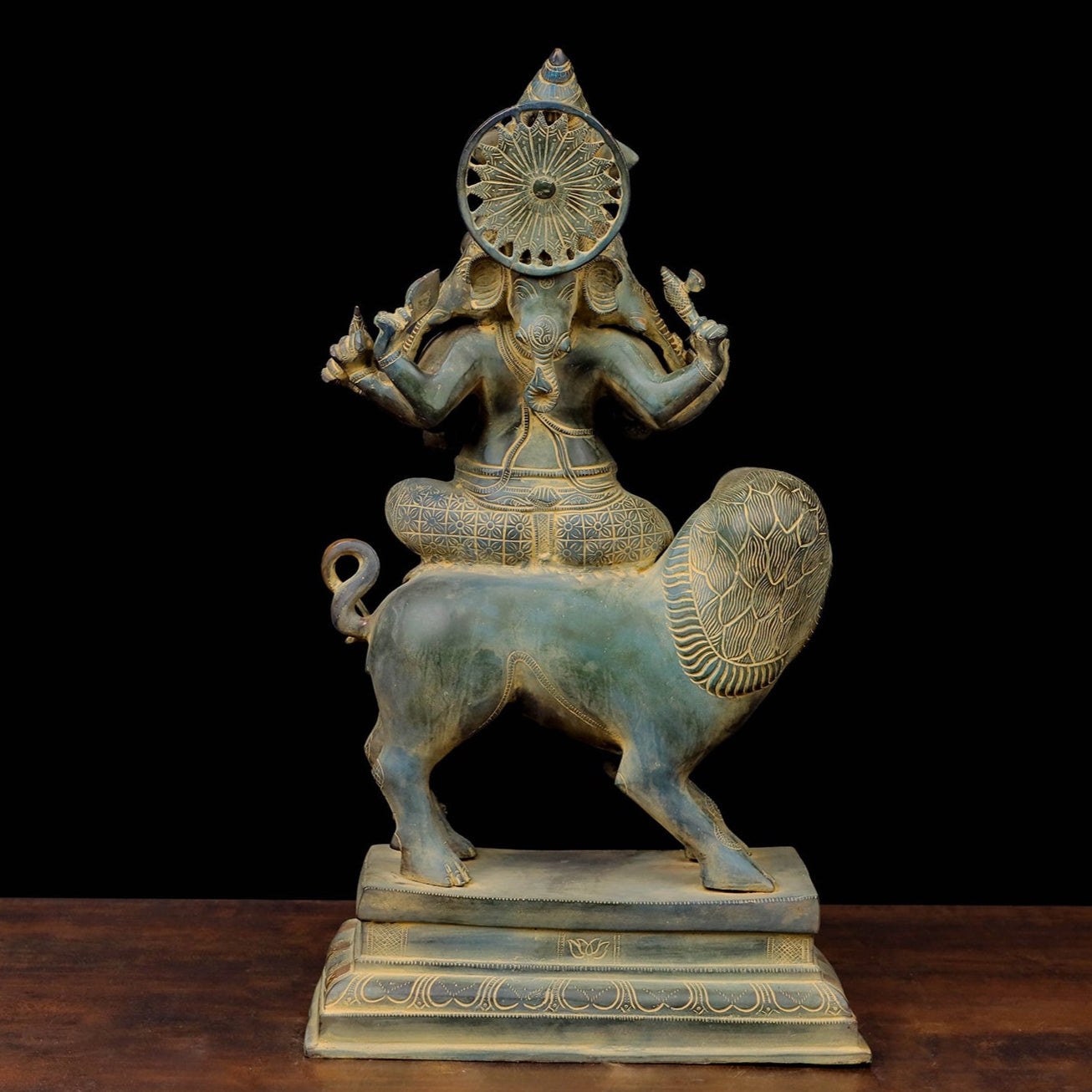 Brass Heramba Ganesha Seated on Lion Green Patina Finish 22 Inch - Image 5