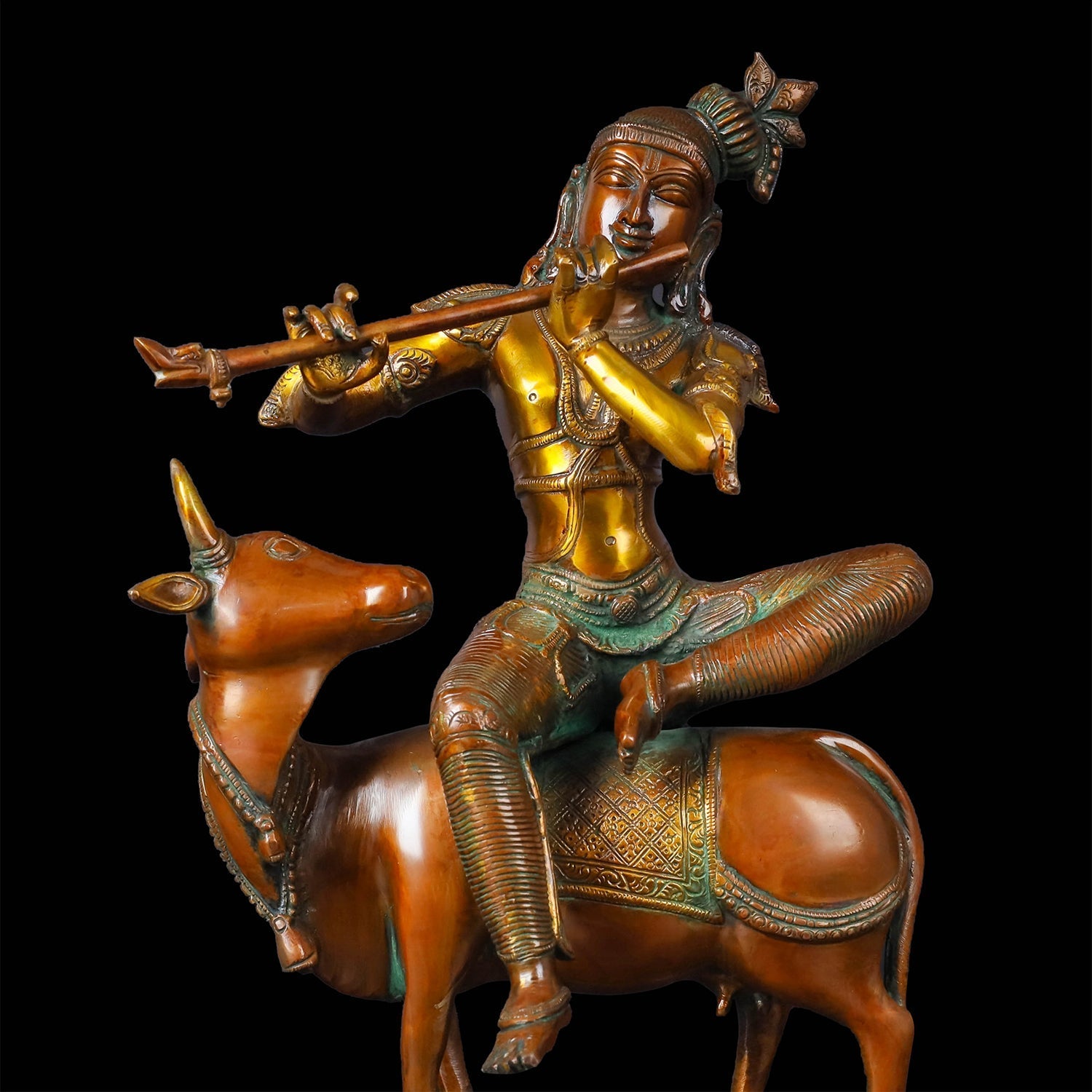 Brass Vintage Krishna Idol Seated On Cow Orange Patina Finish 21 Inch - Image 2