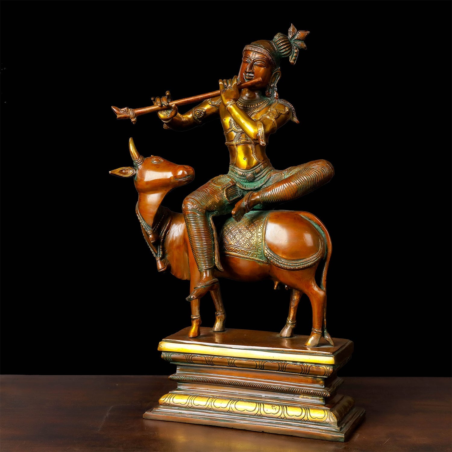 Brass Vintage Krishna Idol Seated On Cow Orange Patina Finish 21 Inch - Image 3