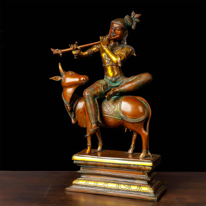 Brass Vintage Krishna Idol Seated On Cow Orange Patina Finish 21 Inch by vendor-unknown - Hindu Gods (View 3)