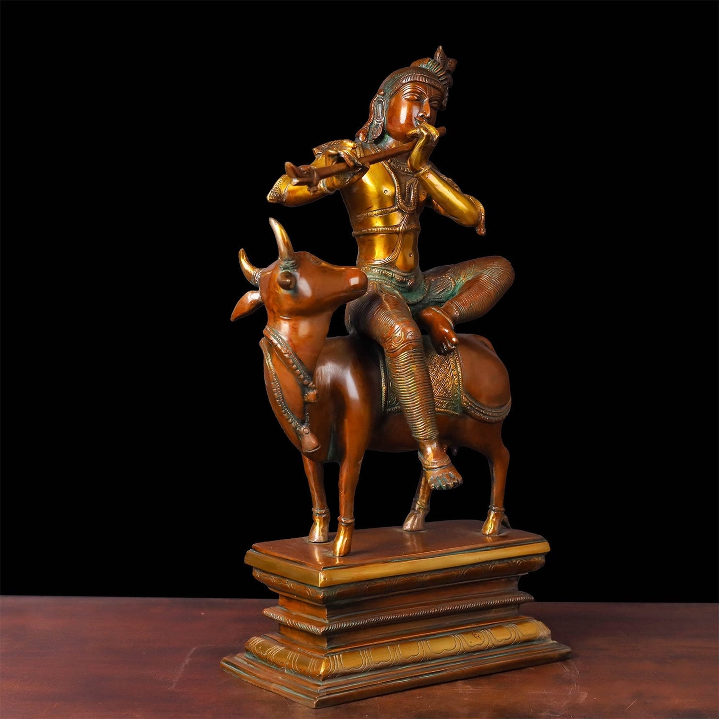 Brass Vintage Krishna Idol Seated On Cow Orange Patina Finish 21 Inch