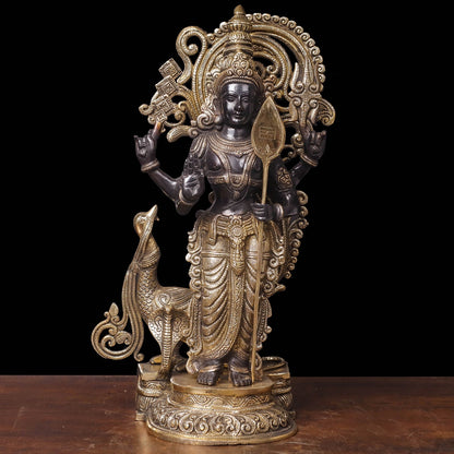 Brass Fine Kartikeya Murugan Swamy Idol Standing With Peacock 20 Inch by vendor-unknown - Hindu Gods