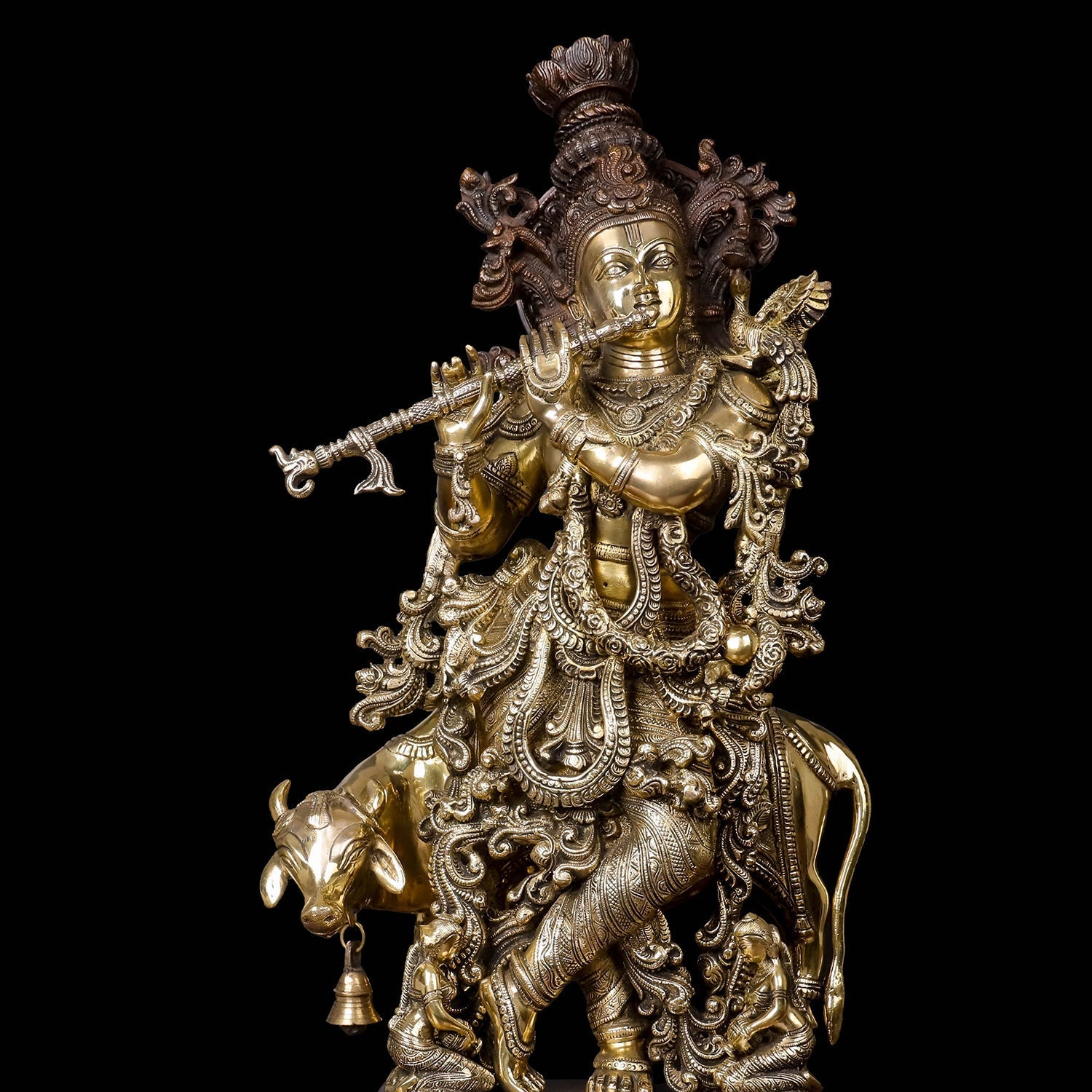Brass Krishna Idol With Cow on Carved Pedestal Antique Finish 28 Inches - Image 2