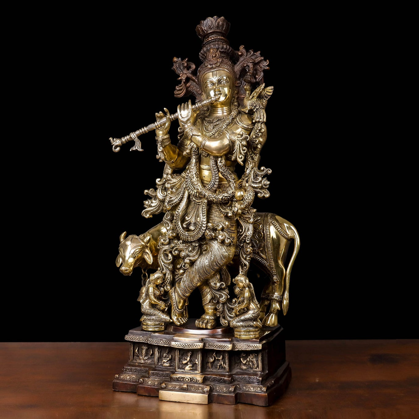 Brass Krishna Idol With Cow on Carved Pedestal Antique Finish 28 Inches