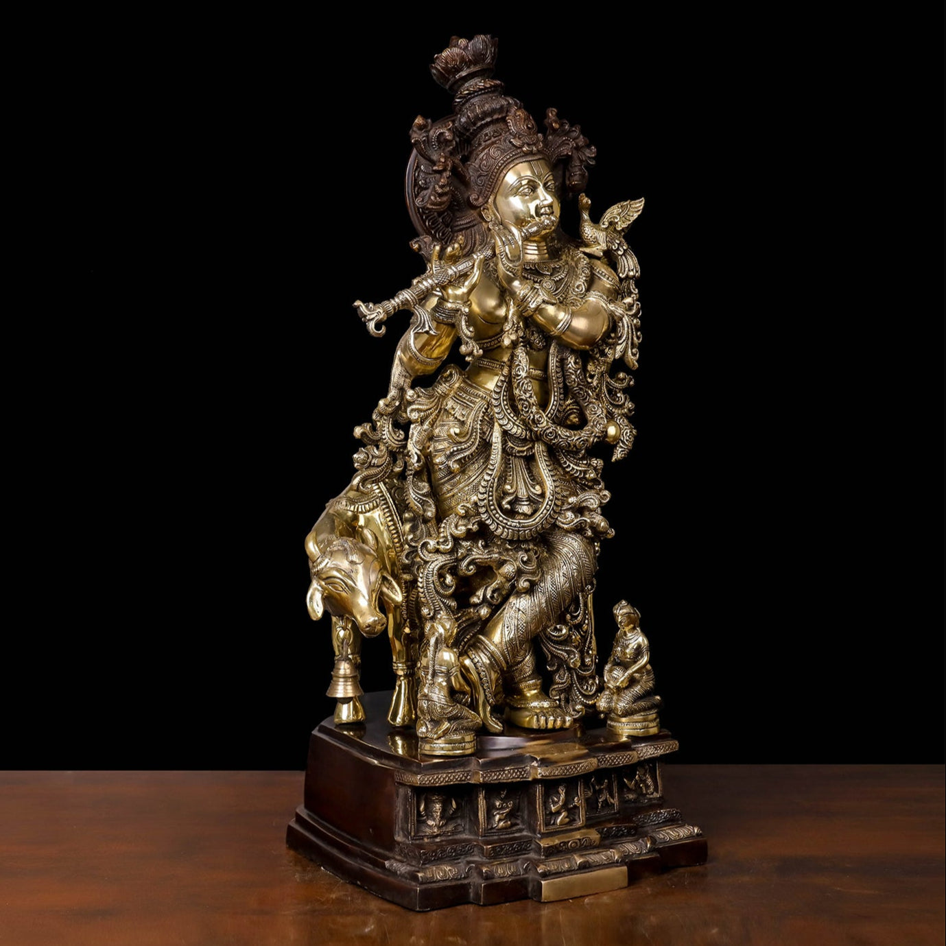 Brass Krishna Idol With Cow on Carved Pedestal Antique Finish 28 Inches - Image 3