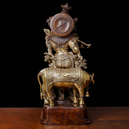 Brass Krishna Idol With Cow on Carved Pedestal Antique Finish 28 Inches by vendor-unknown - Hindu Gods (View 5)