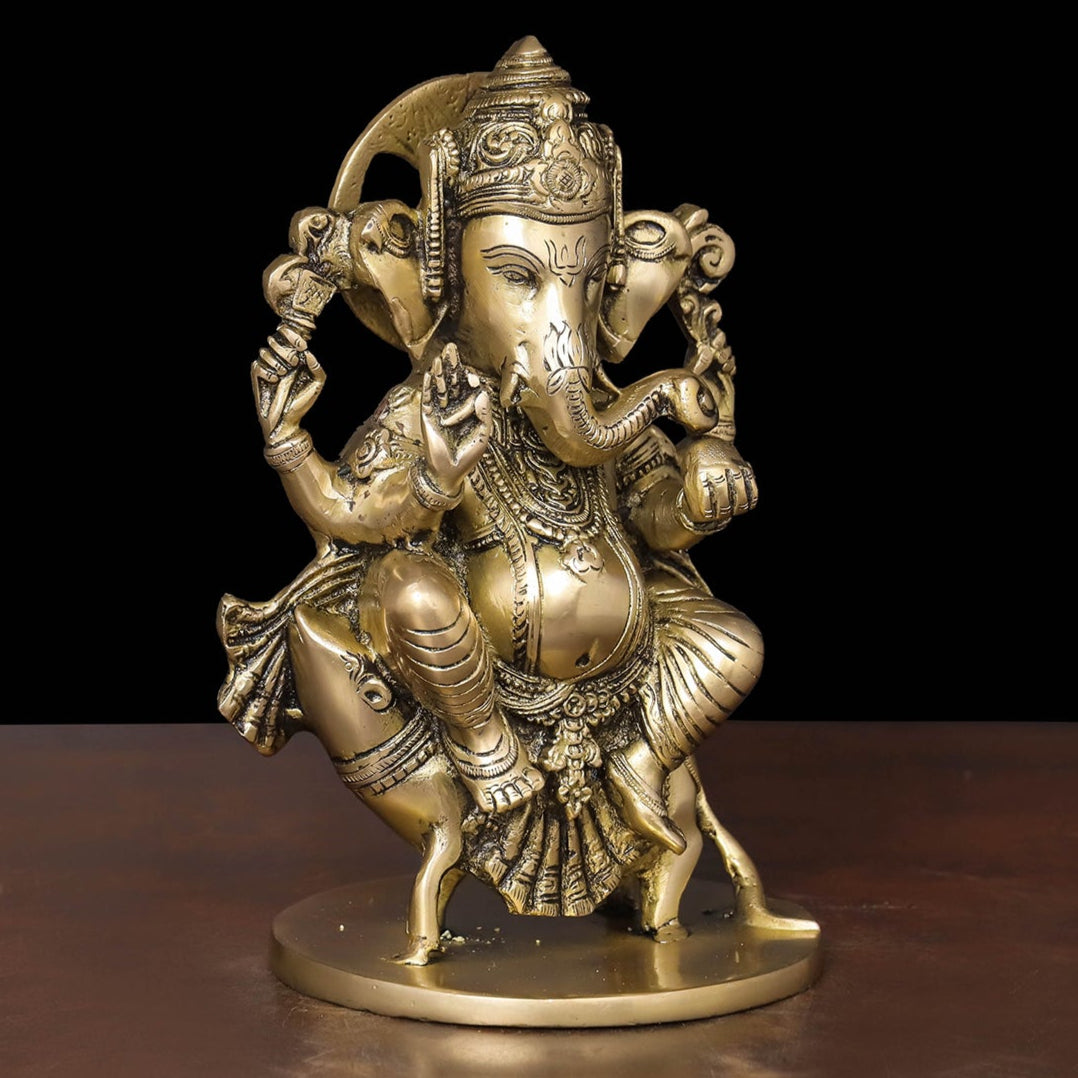 Brass Ganesha Idol Seated On Ret For Home Temple Decor 10 Inch