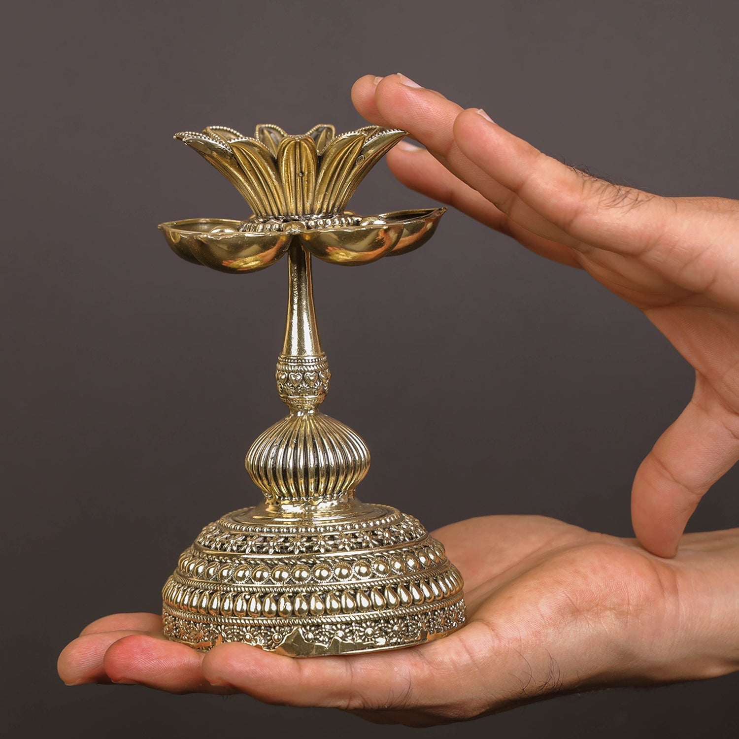 Brass Superfine Beautiful Lotus Diya Oil Lamp 6 Inch - Image 3