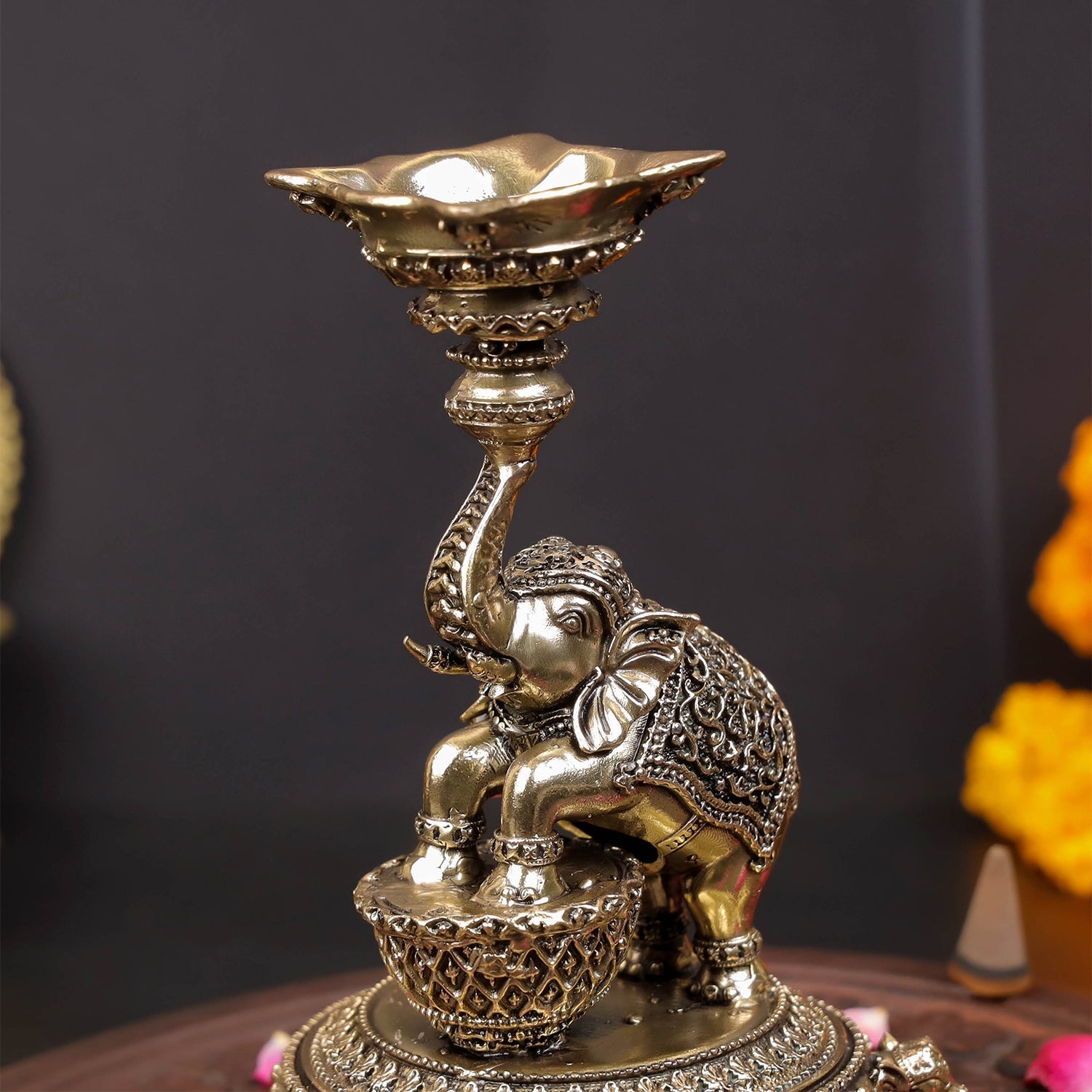 Brass Superfine Designer Elephant Diya Oil Lamp 5 Inch - Image 2