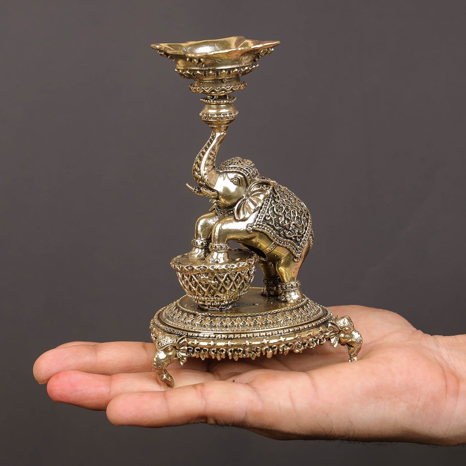 Brass Superfine Designer Elephant Diya Oil Lamp 5 Inch - Image 3