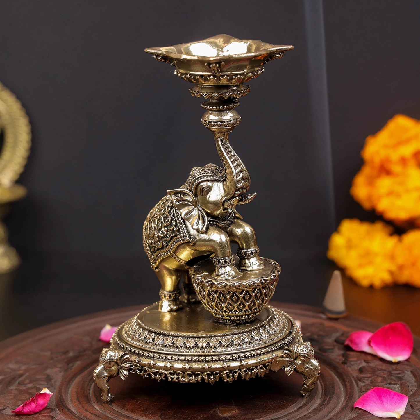 Brass Superfine Designer Elephant Diya Oil Lamp 5 Inch