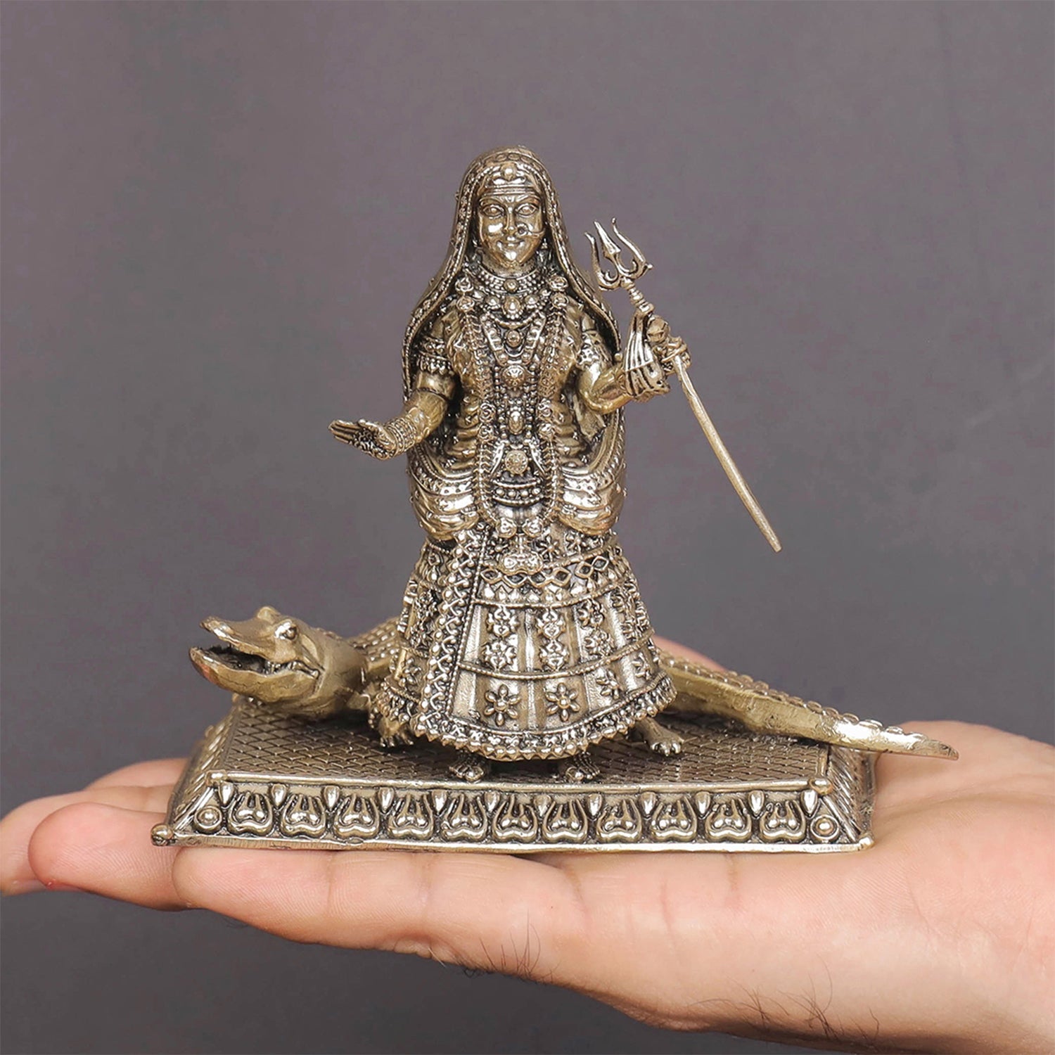 Brass Superfine Khodiyar Mata With Crocodile (Goddess Ganga) 4 Inches - Image 3