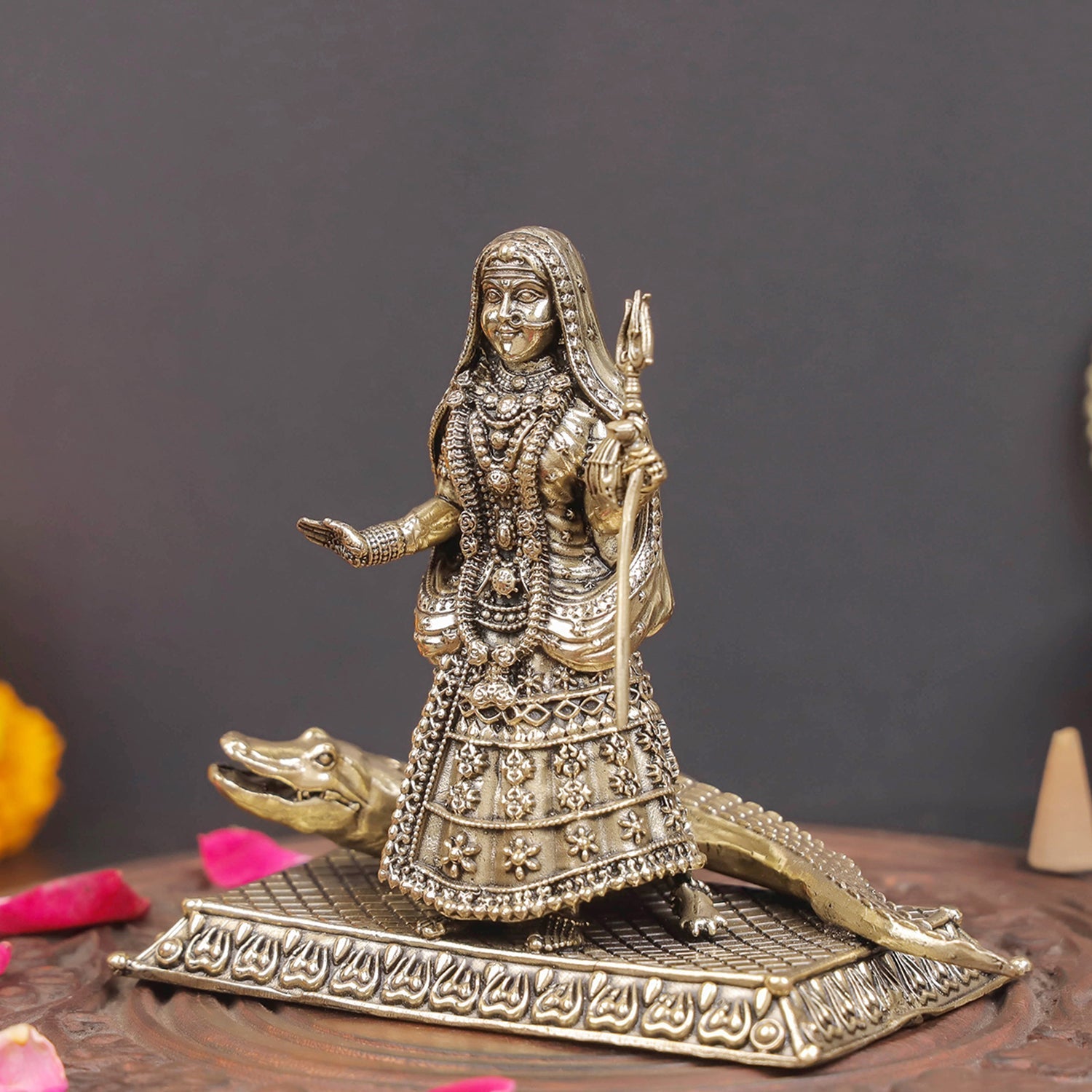 Brass Superfine Khodiyar Mata With Crocodile (Goddess Ganga) 4 Inches - Image 5