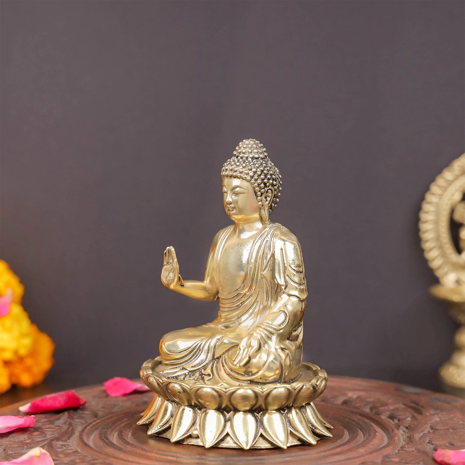 Brass Superfine Buddha Statue Seated on Lotus in Abhaya Mudra 4.5 Inch - Image 4