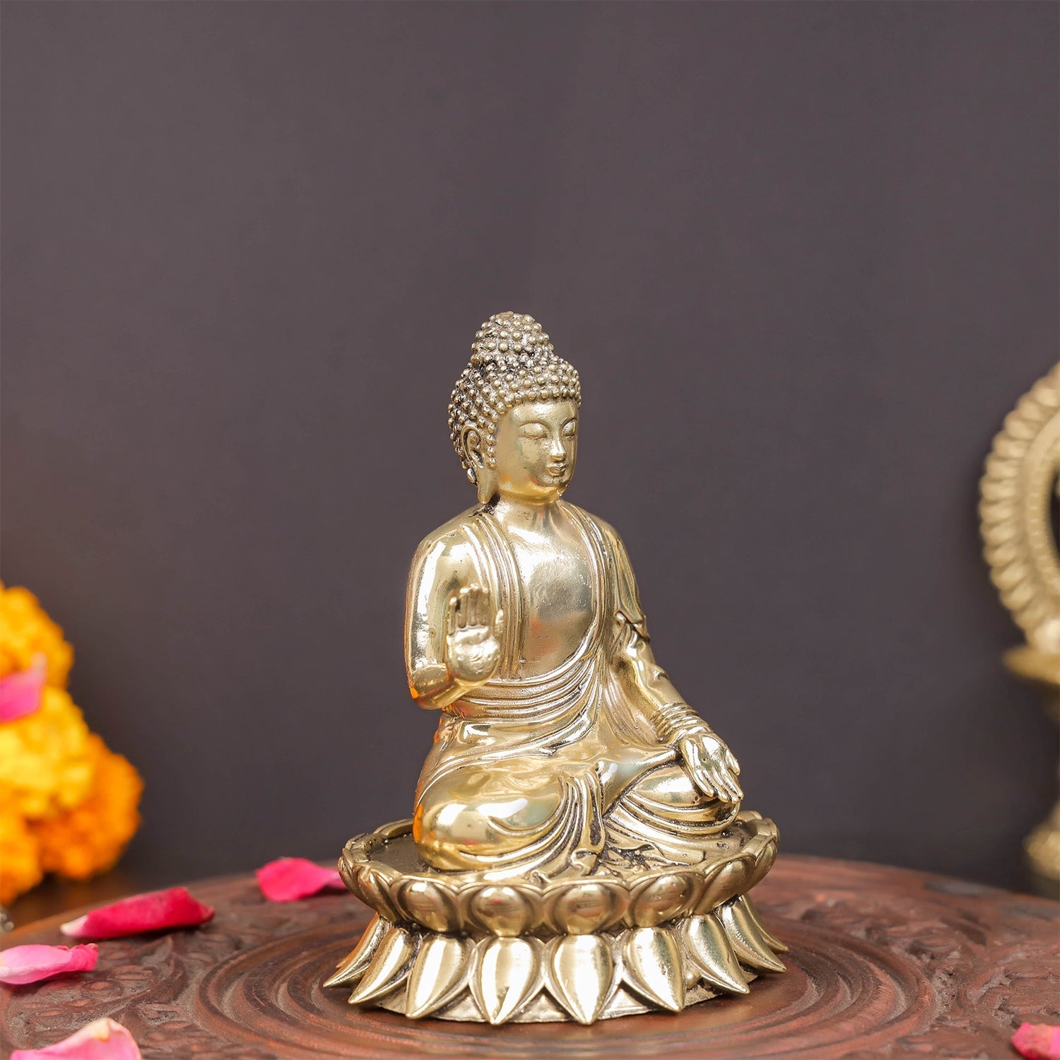 Brass Superfine Buddha Statue Seated on Lotus in Abhaya Mudra 4.5 Inch - Image 5