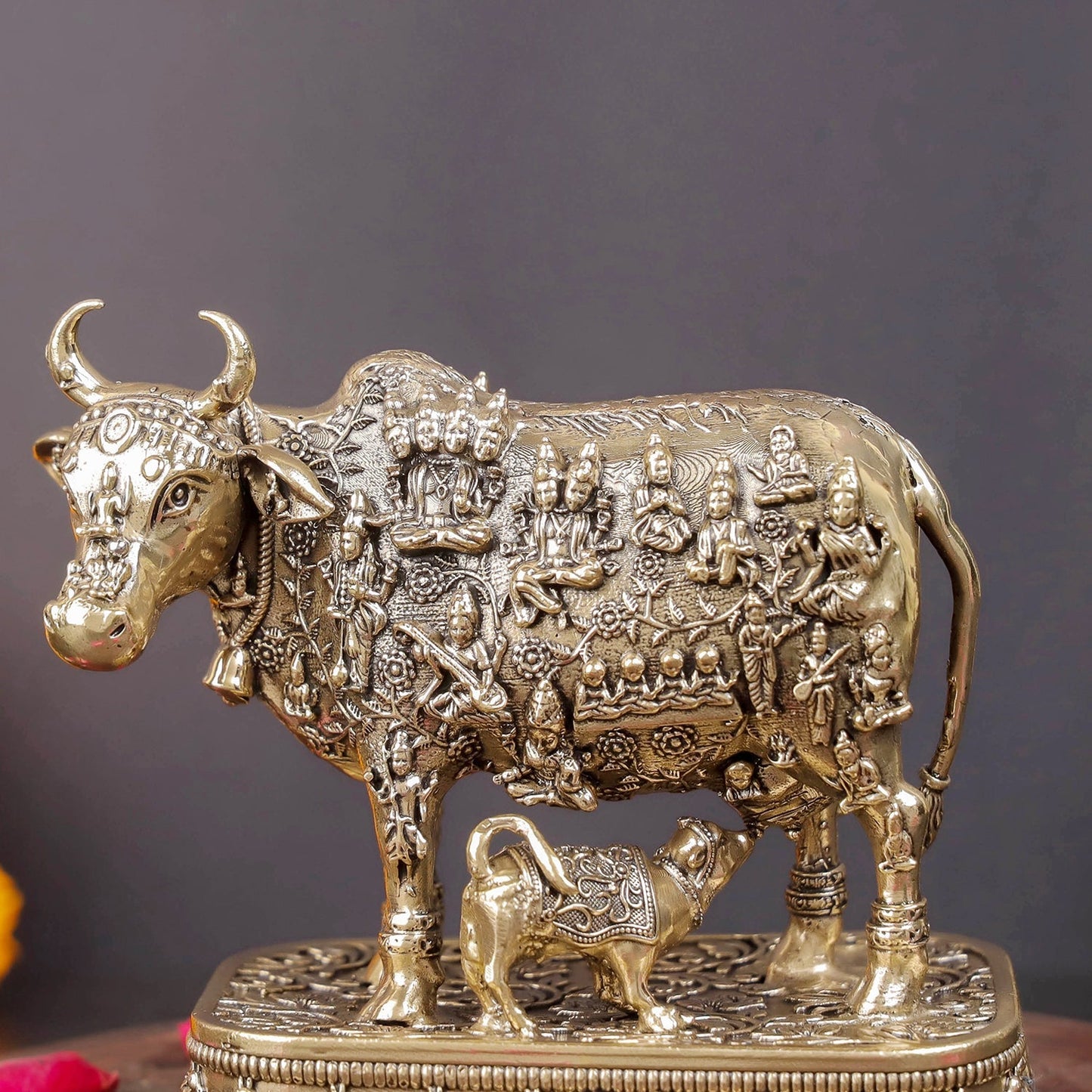 Brass Superfine Kamadhenu Cow with Engraved Gods and Goddesses 4 Inch