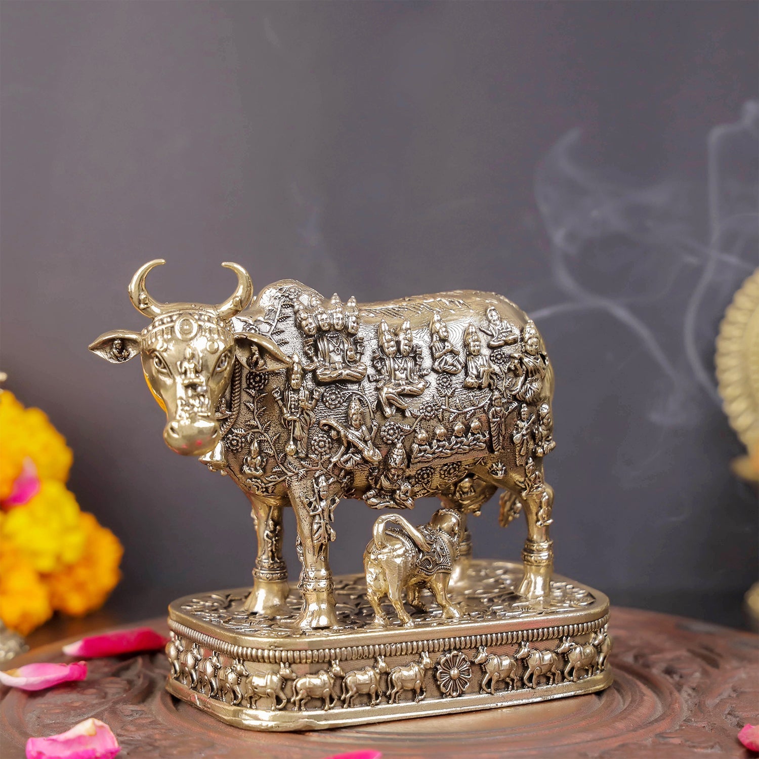 Brass Superfine Kamadhenu Cow with Engraved Gods and Goddesses 4 Inch - Image 4