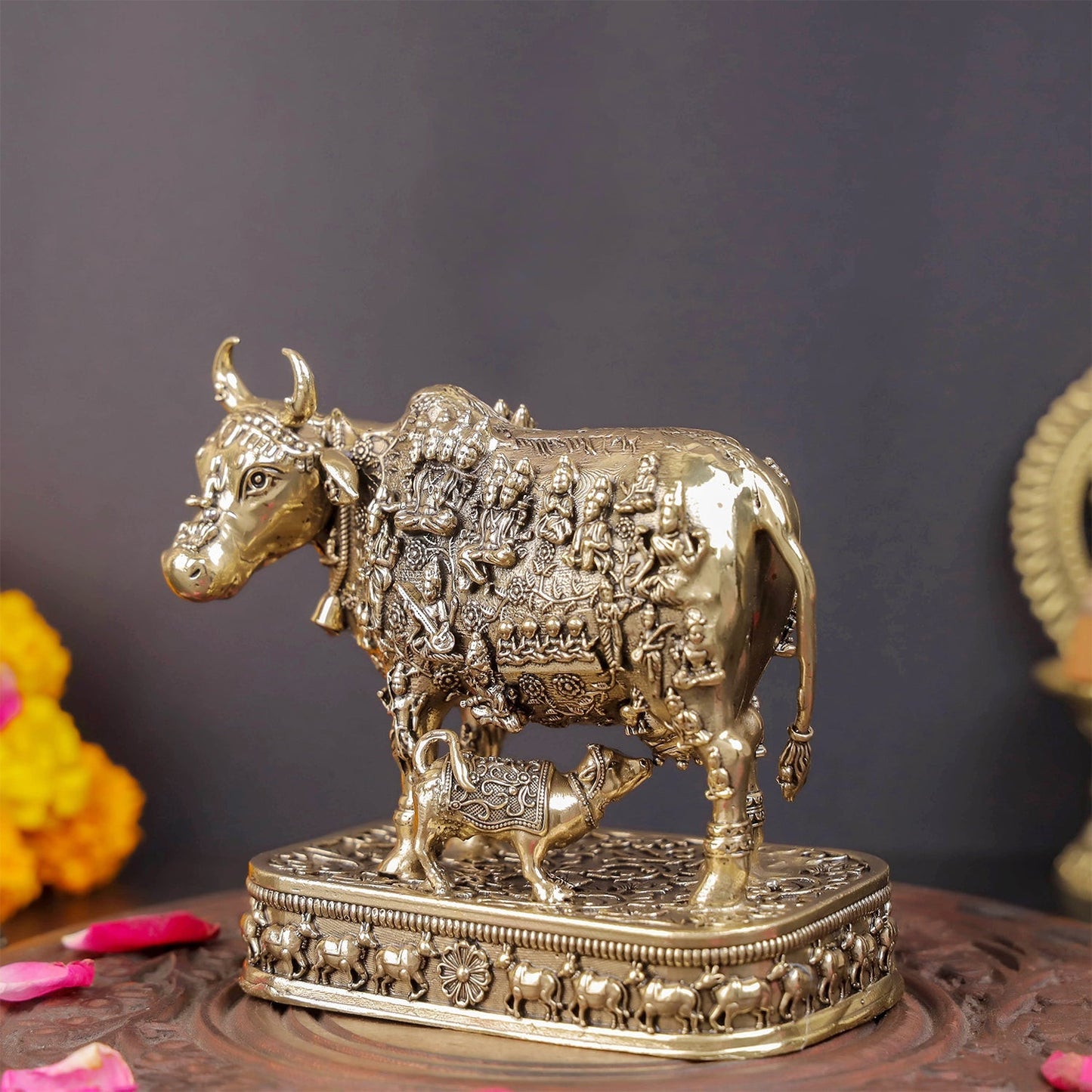Brass Superfine Kamadhenu Cow with Engraved Gods and Goddesses 4 Inch