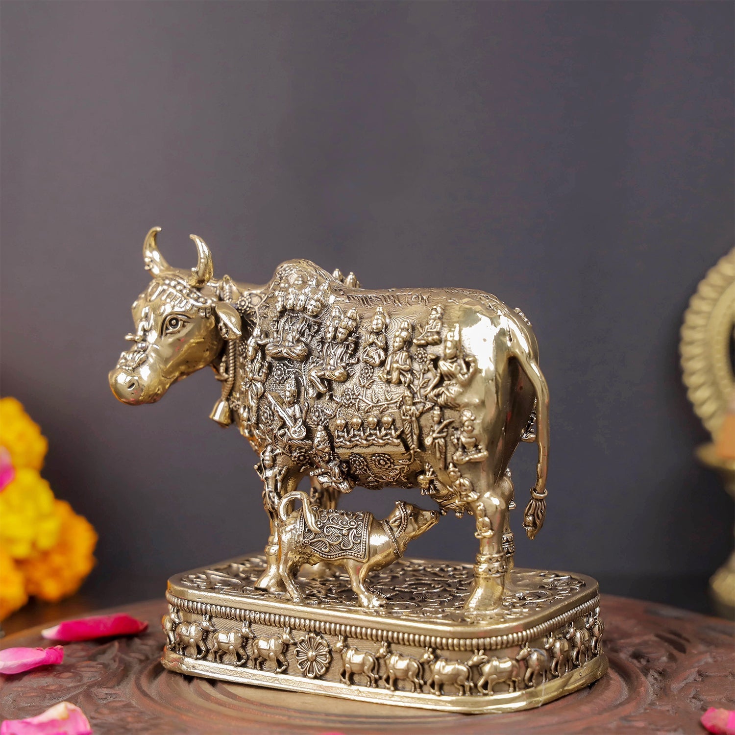 Brass Superfine Kamadhenu Cow with Engraved Gods and Goddesses 4 Inch - Image 5