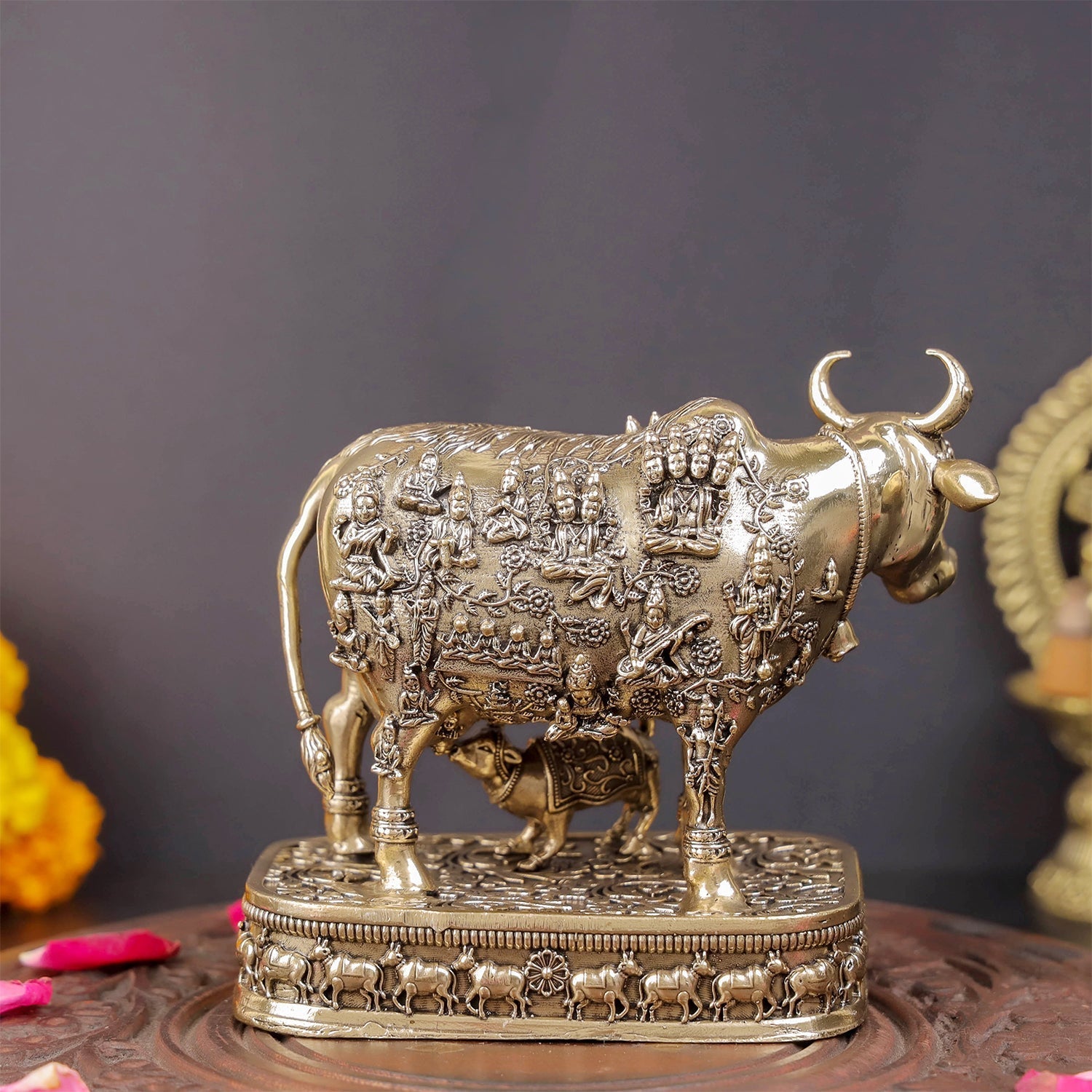 Brass Superfine Kamadhenu Cow with Engraved Gods and Goddesses 4 Inch - Image 6