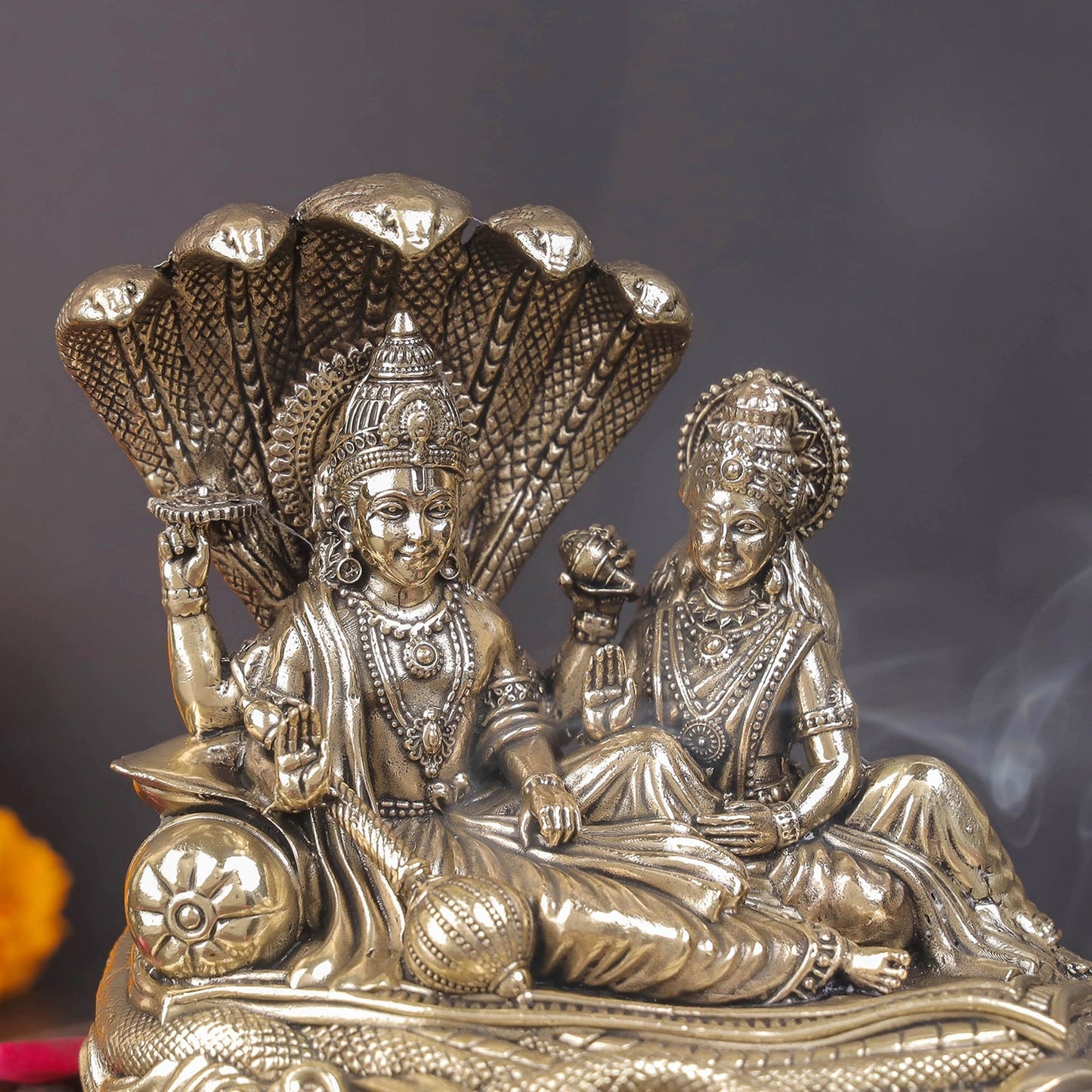Brass Superfine Vishnu Lakshmi Idol Under Serpent 5 Inch