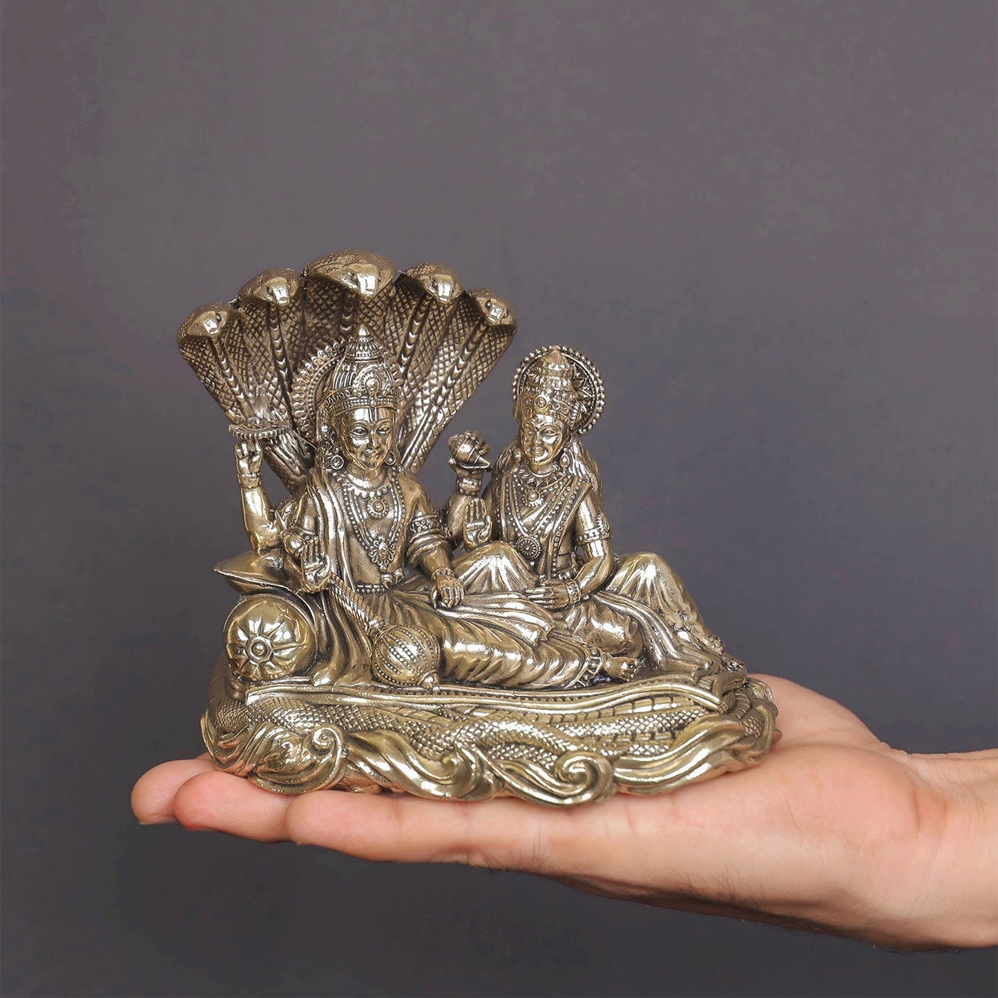 Brass Superfine Vishnu Lakshmi Idol Under Serpent 5 Inch
