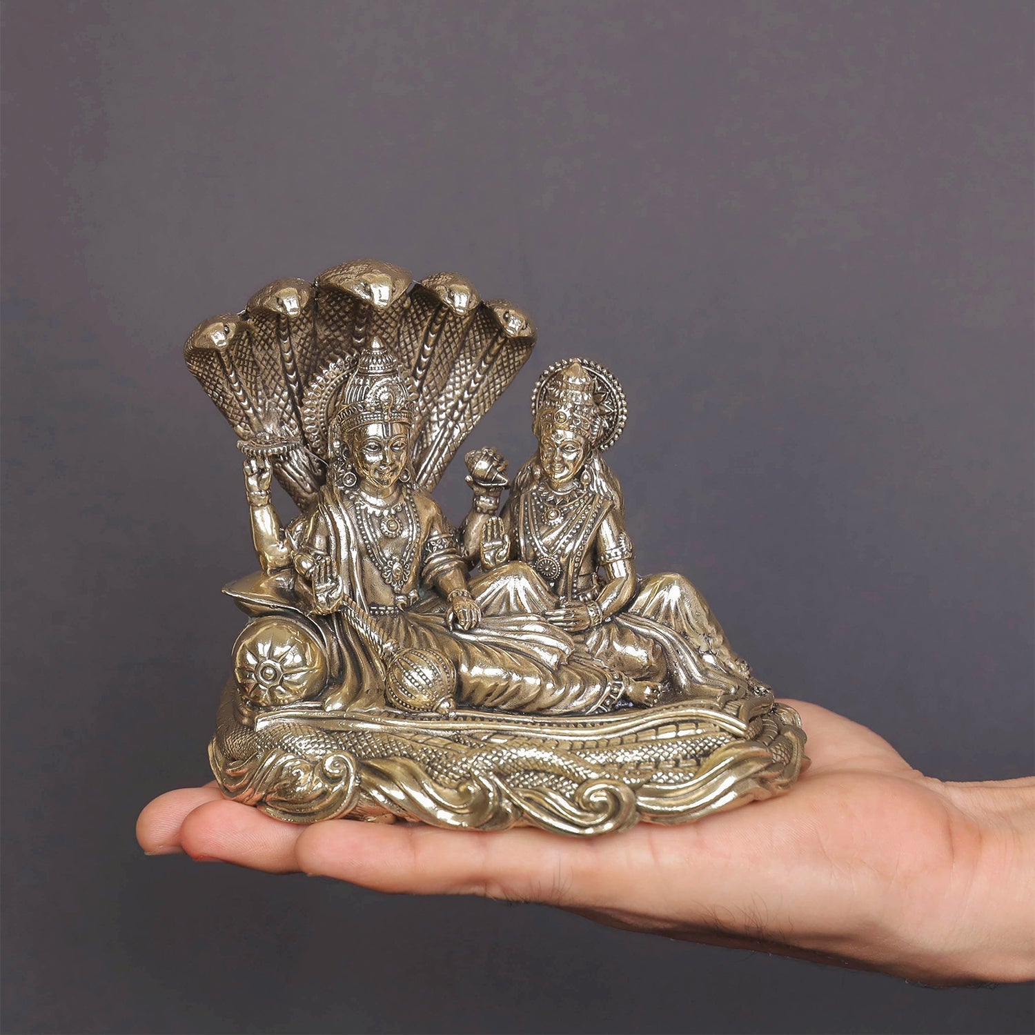 Brass Superfine Vishnu Lakshmi Idol Under Serpent 5 Inch - Image 3